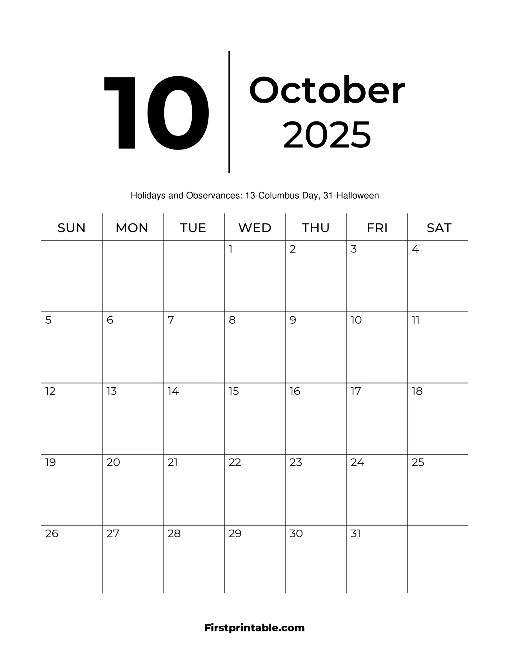 Printable Blank October 2025 Calendar
