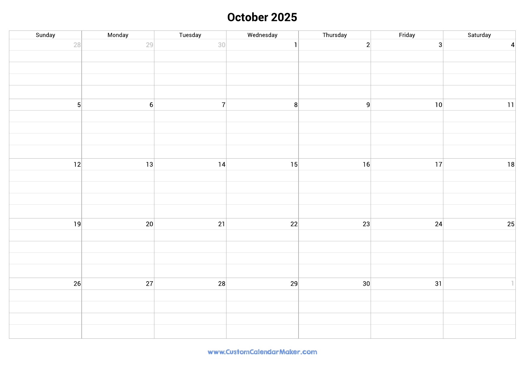 October 2025 Fillable Calendar Grid With Lines Custom Calendar Maker