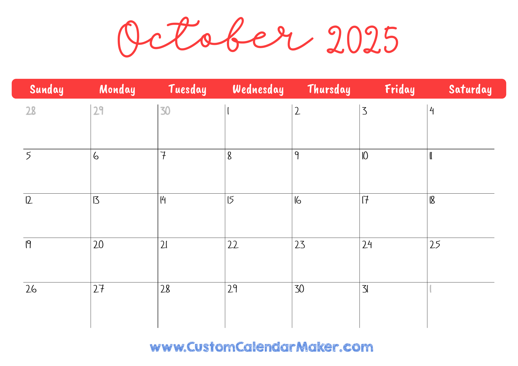 2025 Printable Calendar By Month October