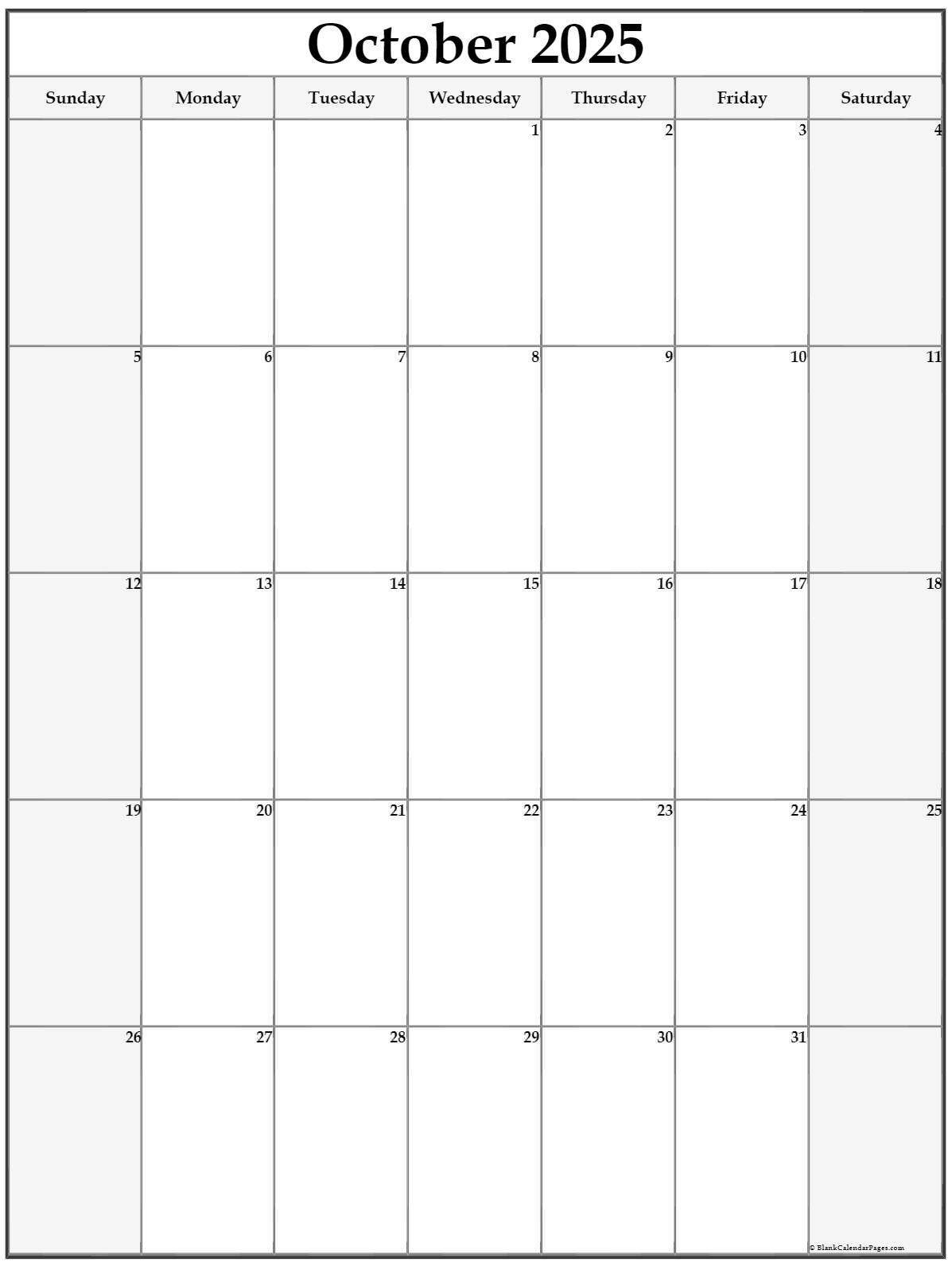 October 2025 Vertical Calendar Portrait