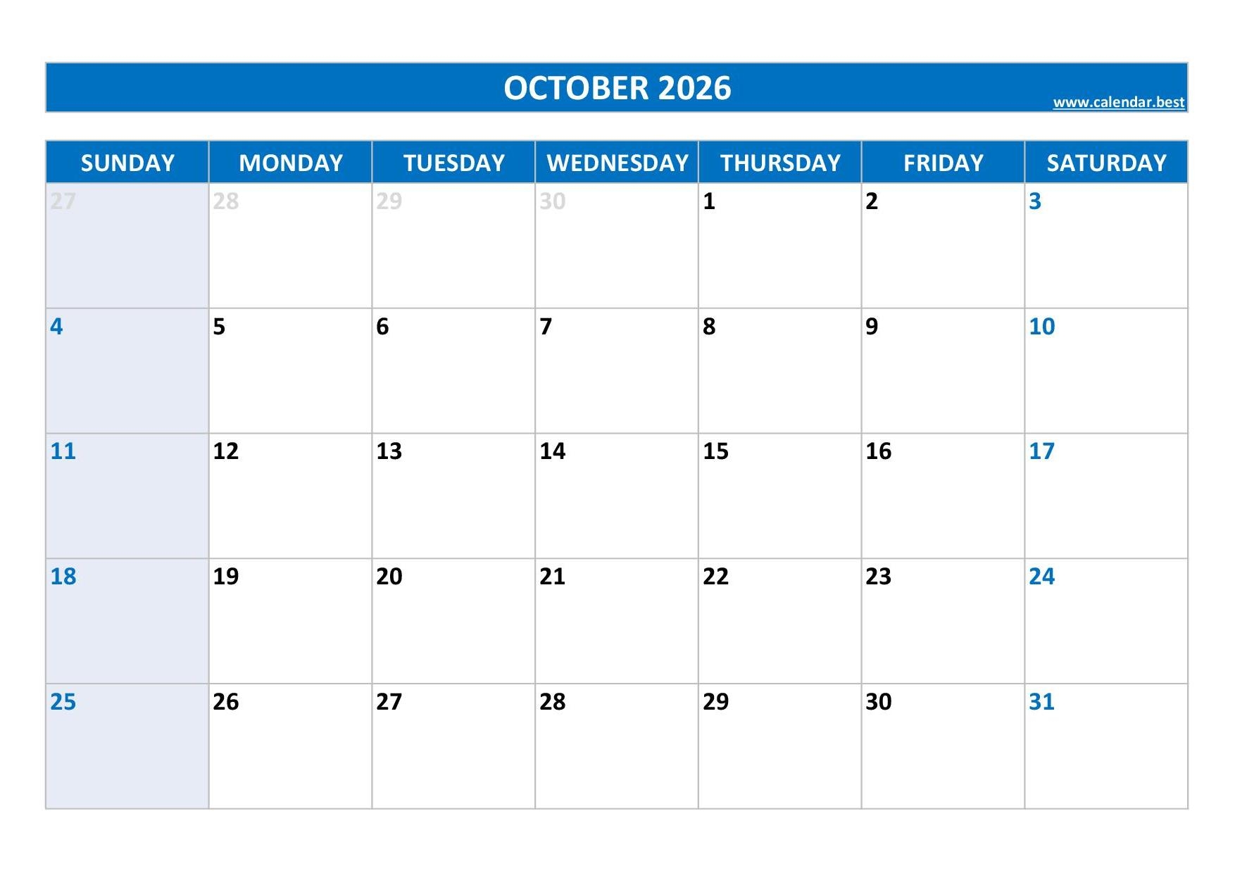 Blank Monthly Calendar October 2026