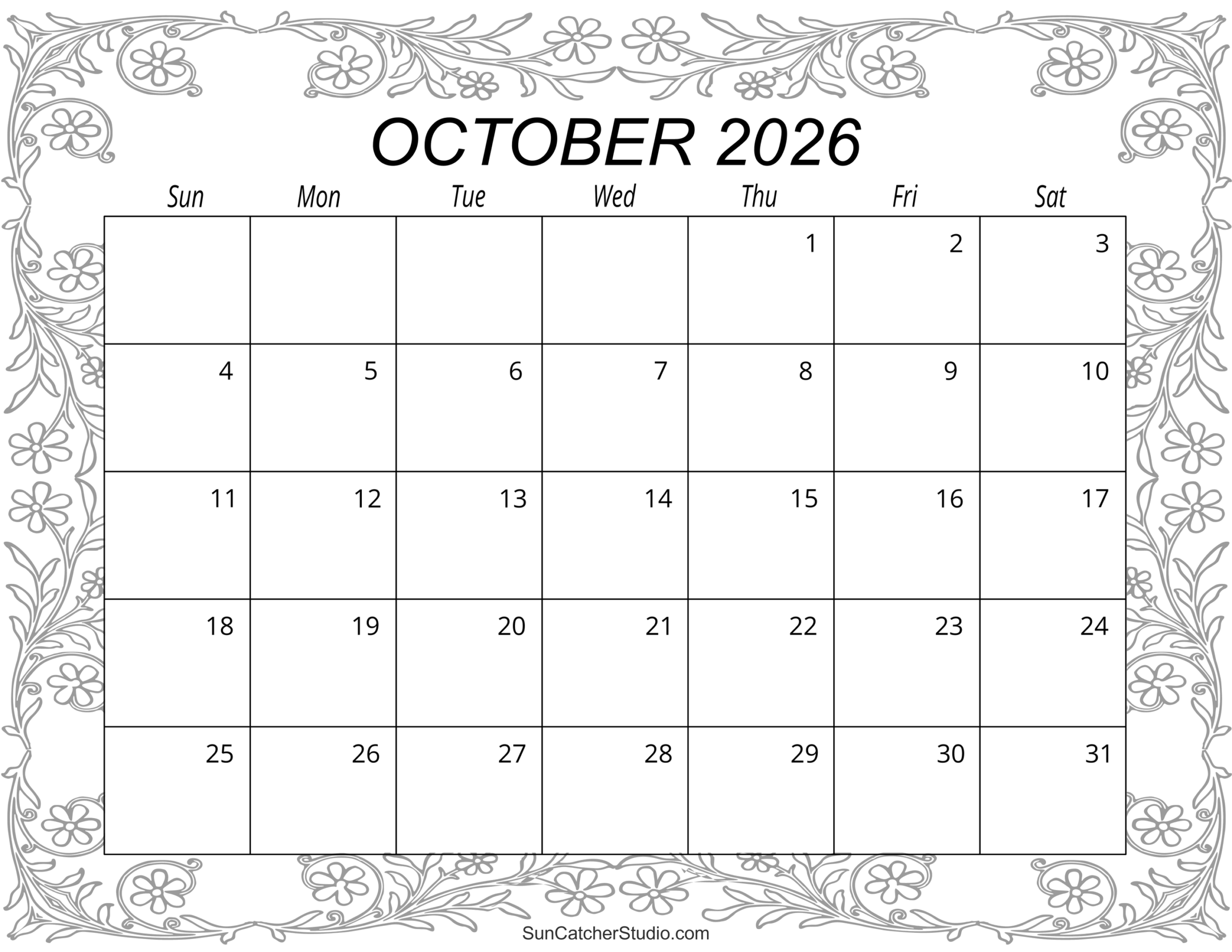 Blank October 2026 Calendar Printable Pdf