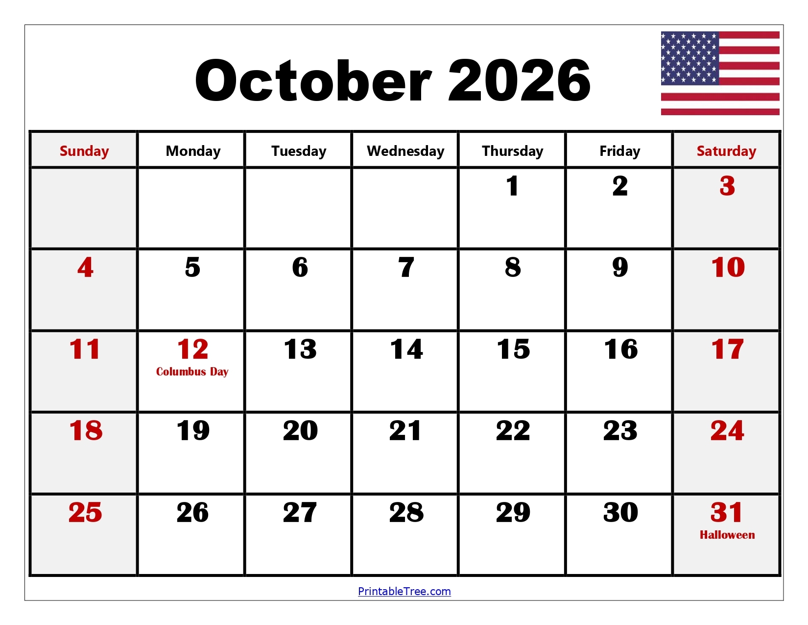 Blank Calendar Oct 2026 Printable