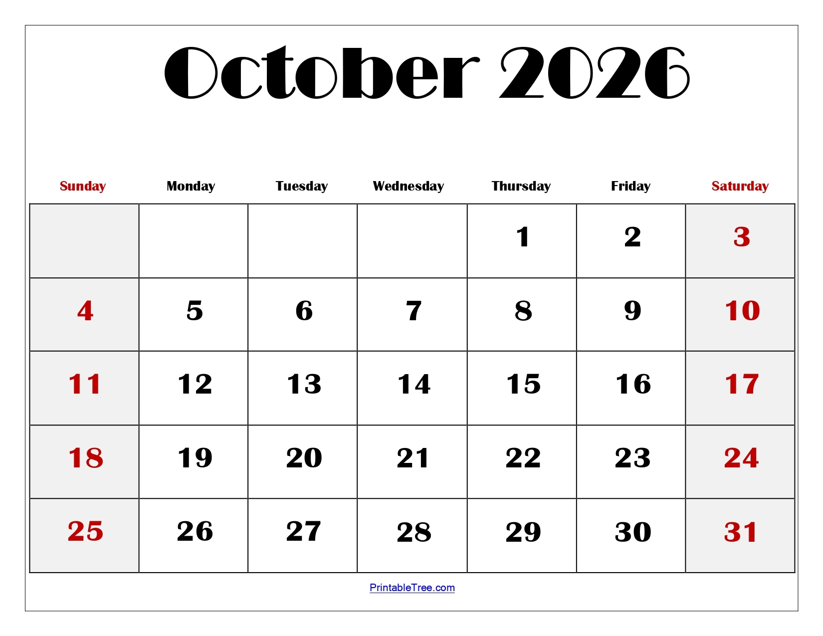 Blank Calendar Pages October 2026 Printable