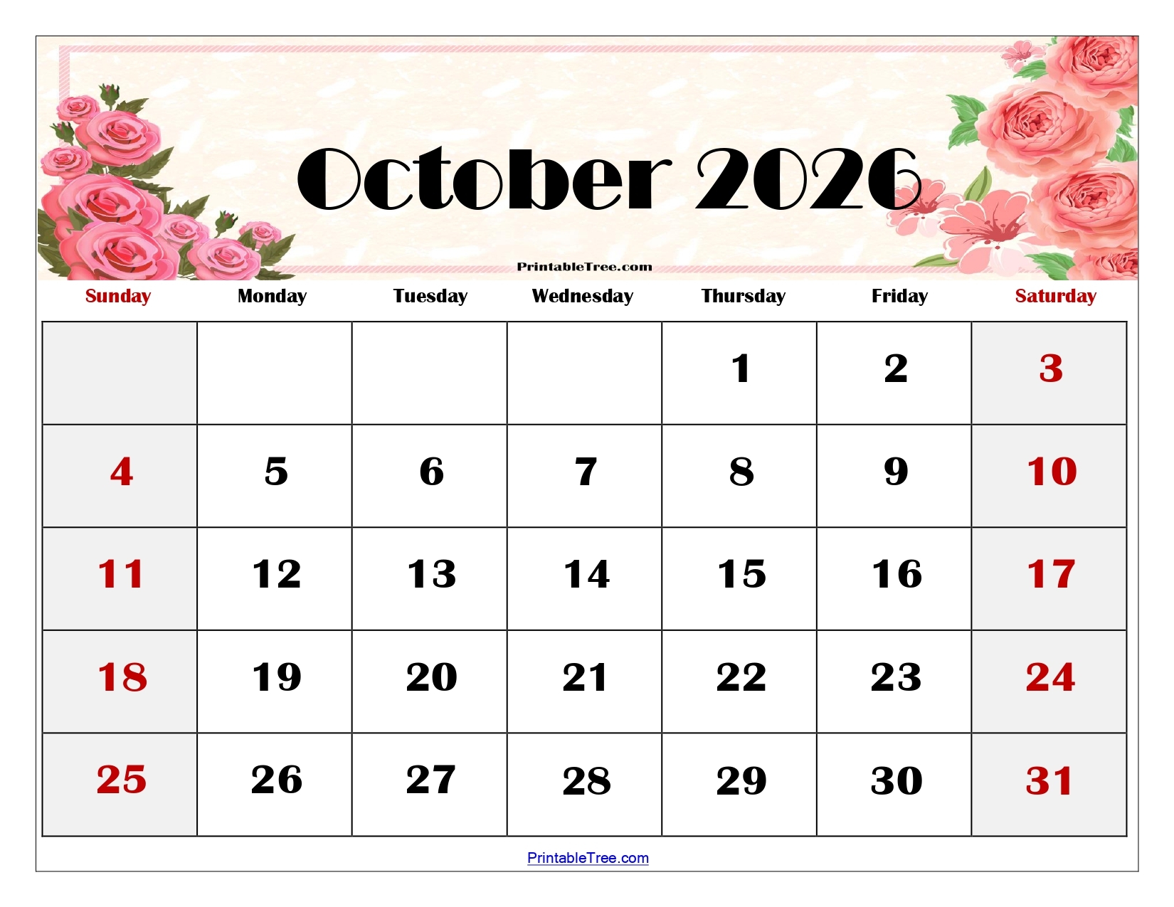 Calendar October 2026 Printable Free Template