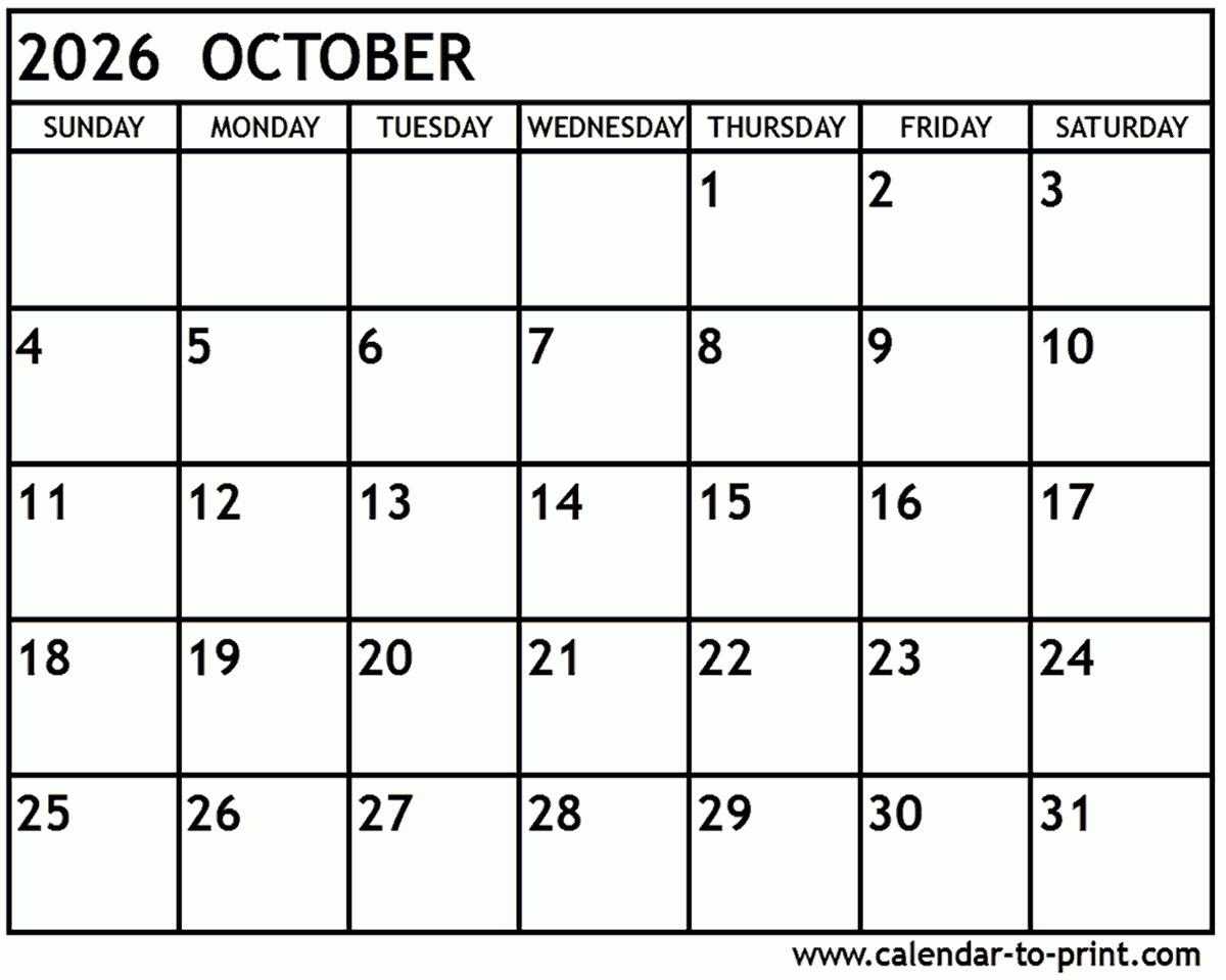 October Blank Calendar 2026