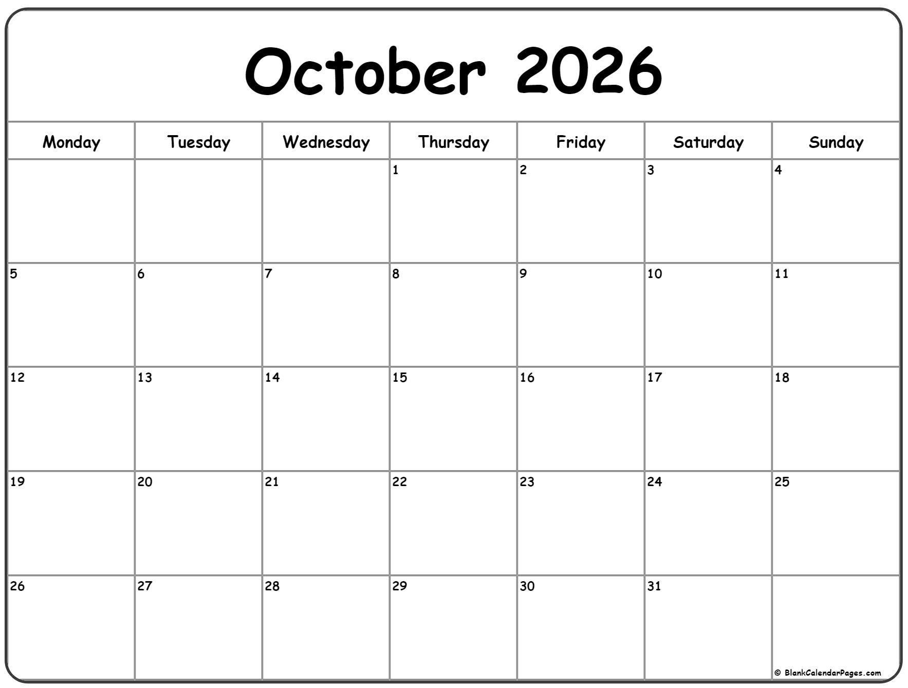 October 2026 Monday Calendar Monday To Sunday