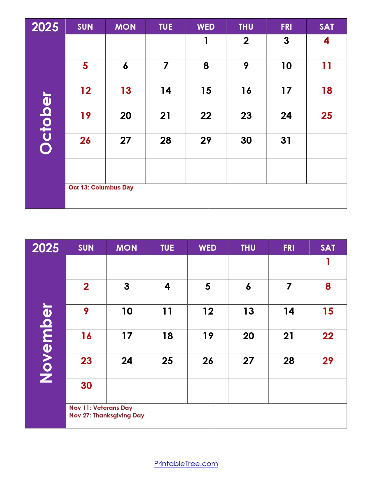 Blank Calendar 2025 October November
