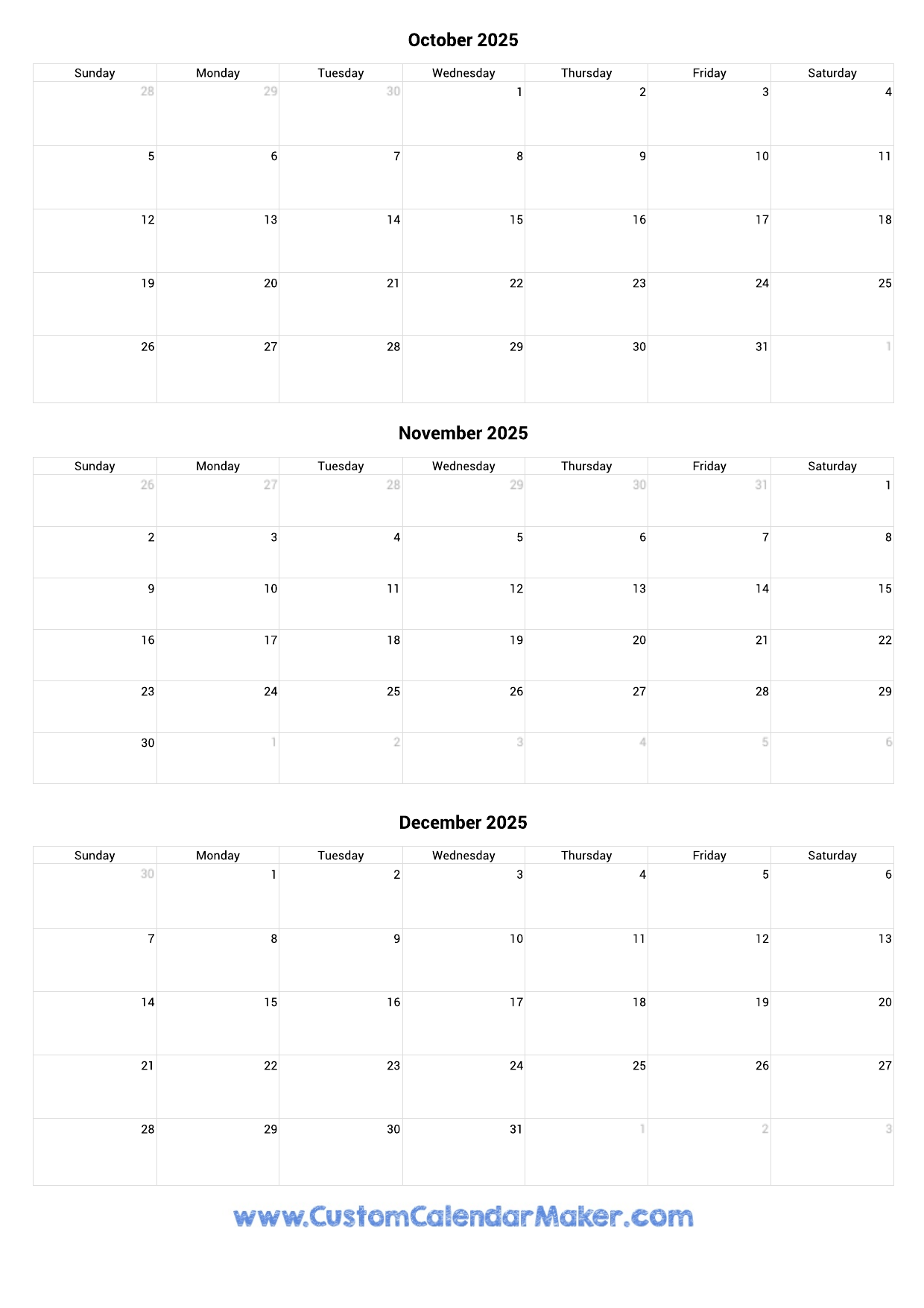 October November December 2025 Calendar