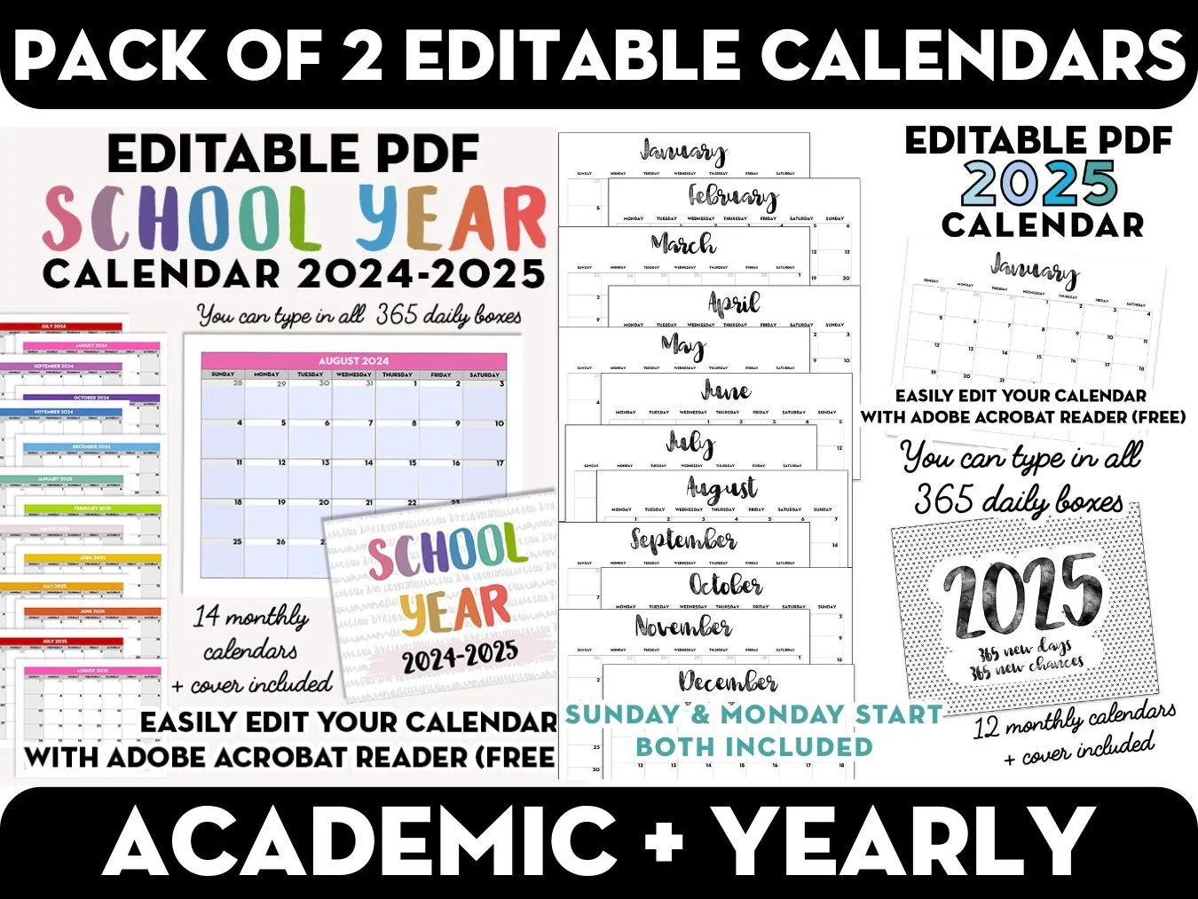 Pack Of 2 Editable Calendars For 2025 ACADEMIC YEARLY Lovely Planner