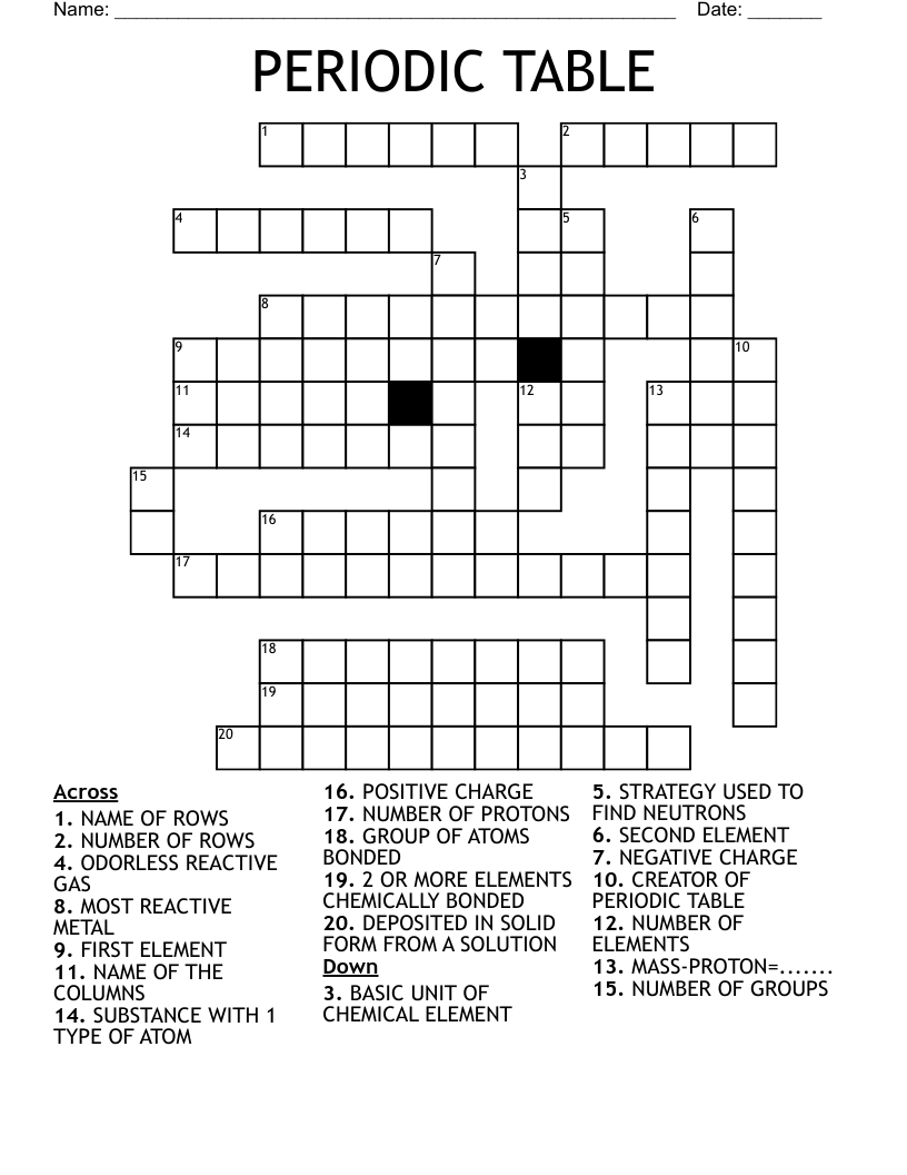 Periodic Table Crossword Puzzles Printable Periodic Table Crossword Puzzles Printable