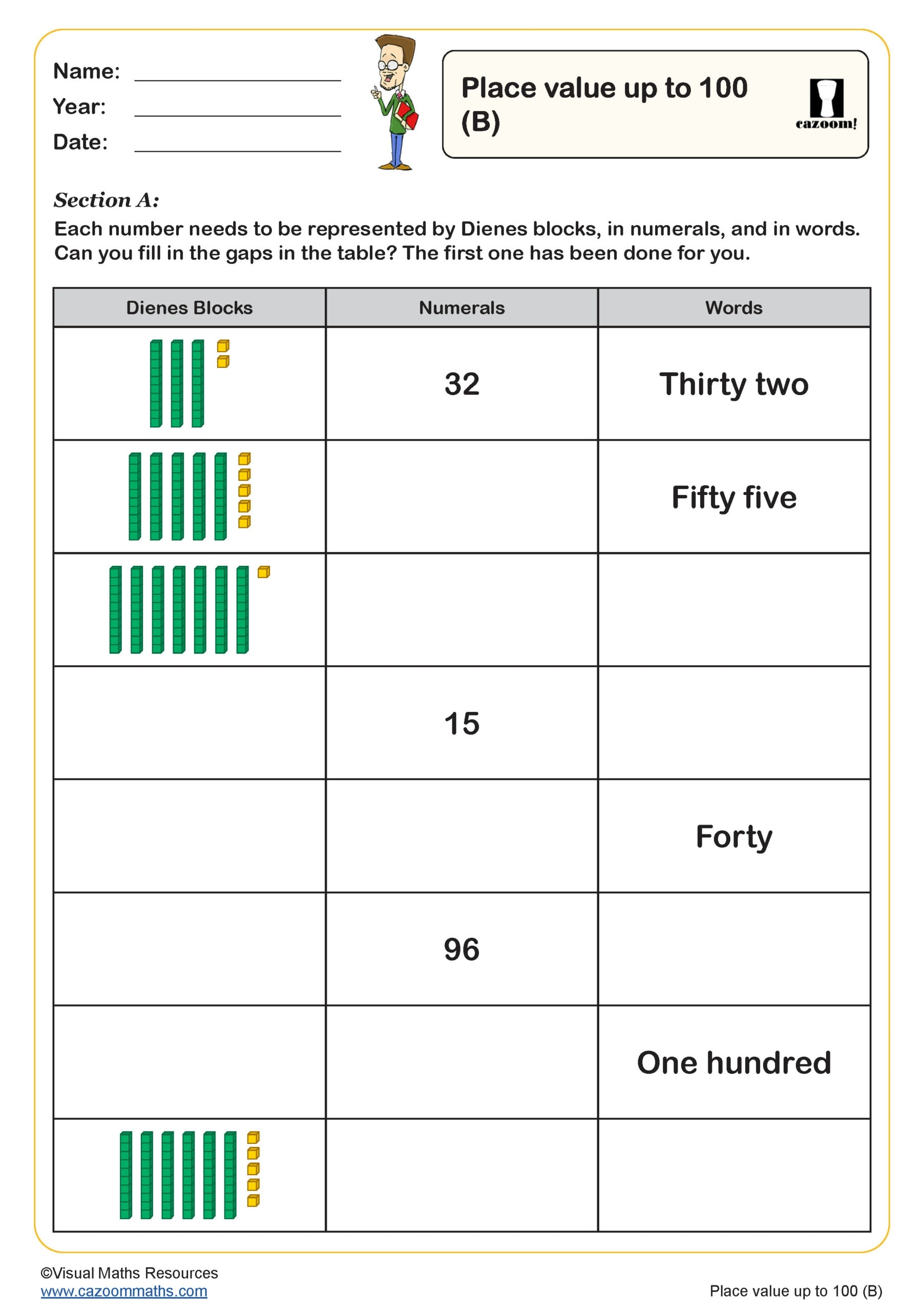 Place Value Up To 100 B Worksheet Key Stage 1 PDF Number 