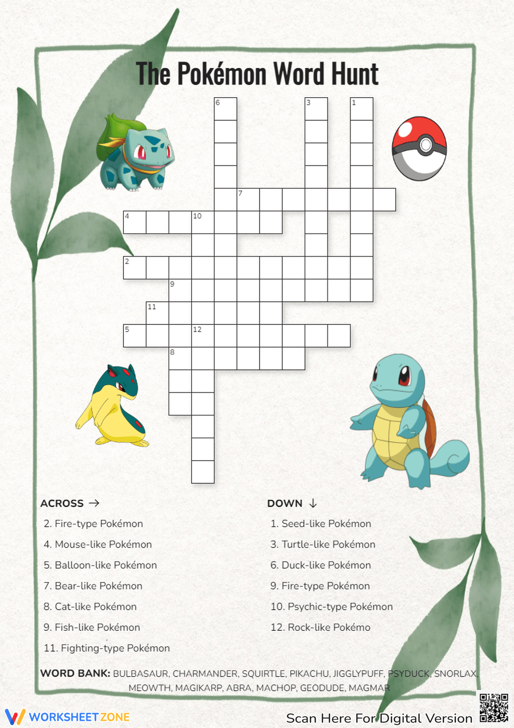 Pokemon Crossword Puzzle Worksheets amp Printable