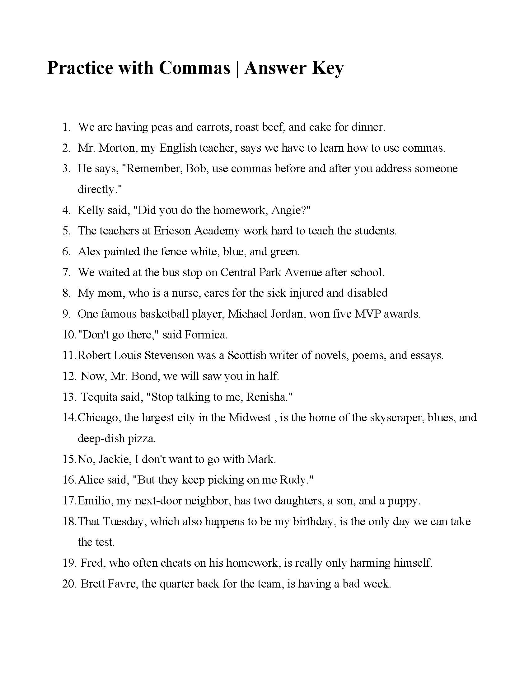 Free Printable Comma Worksheets