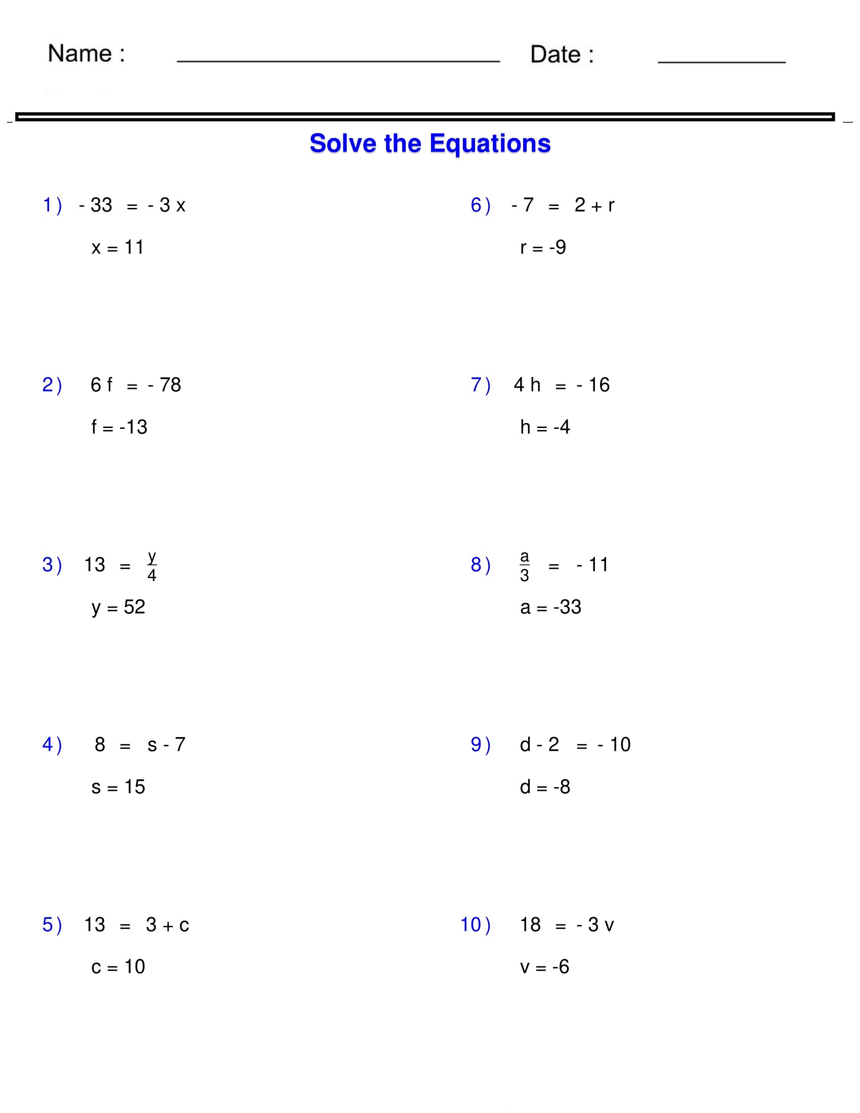 Printable Pre Algebra Worksheets