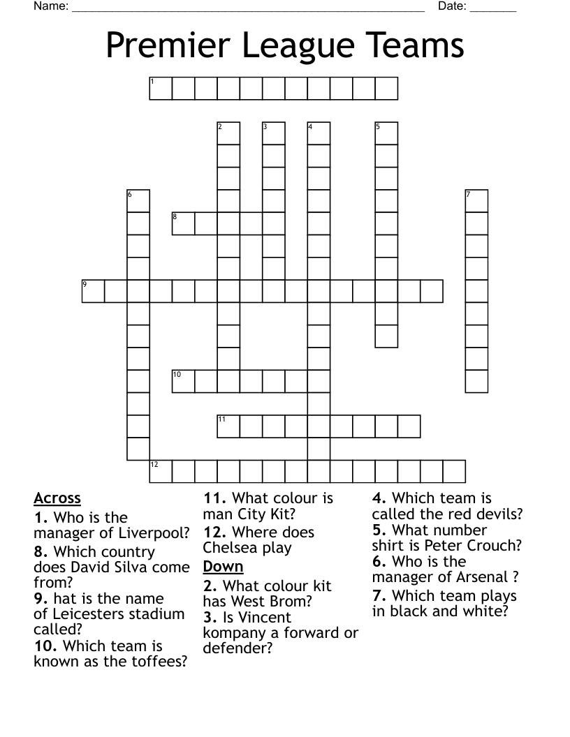 Premier League Teams Crossword WordMint