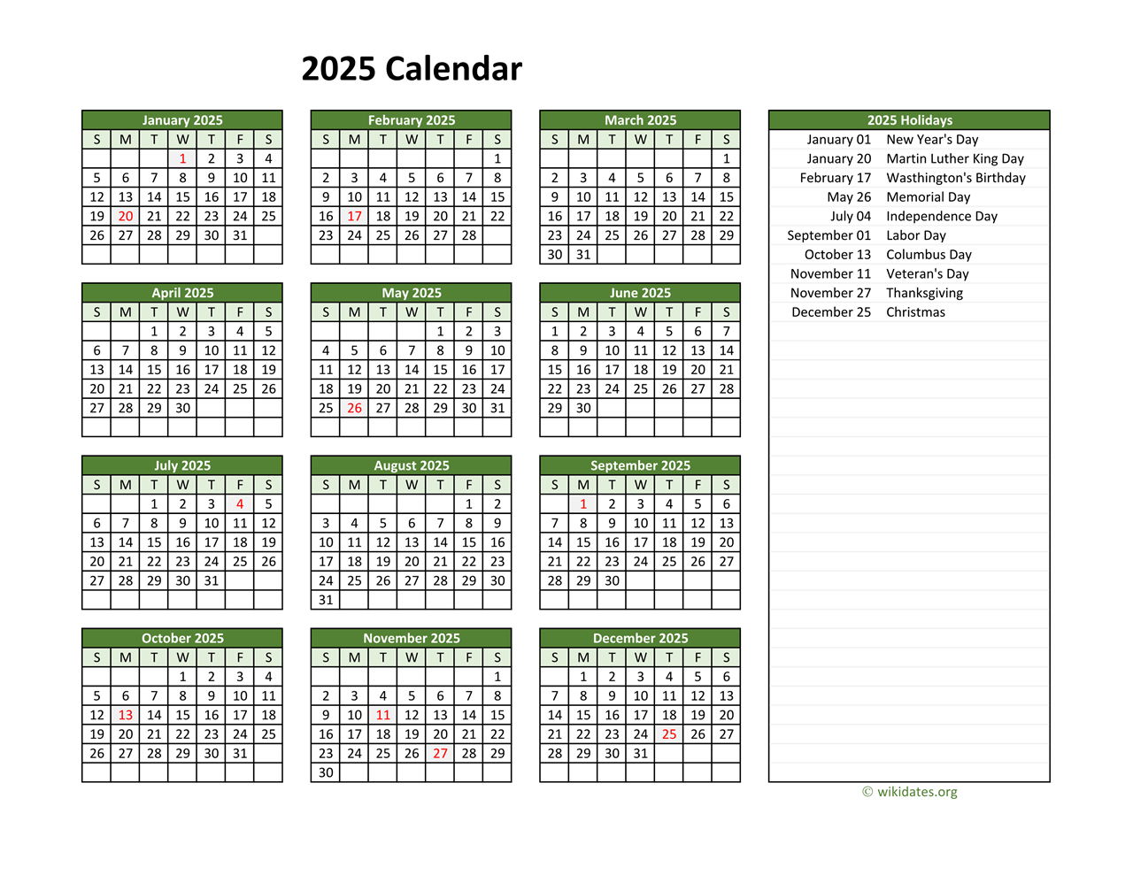 Blank 2025 Calendar Printable With Holidays