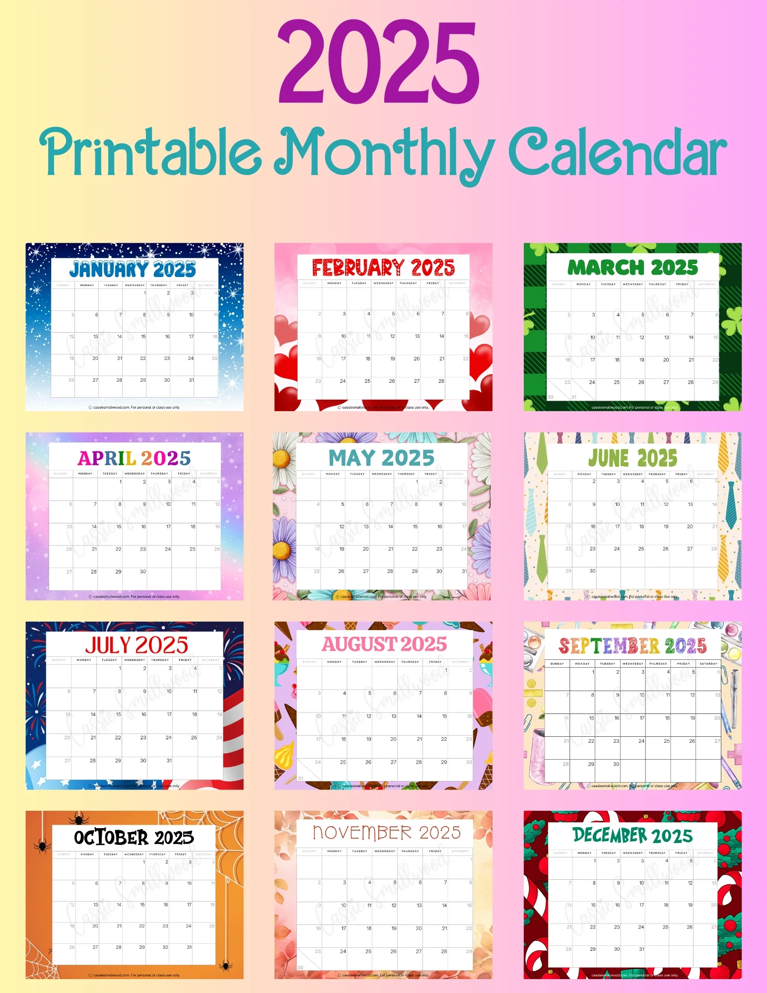 Printable 2025 Monthly Calendar Cassie Smallwood