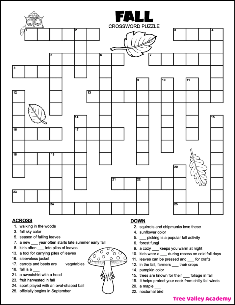 Kindergarten October Printable Crossword Puzzles