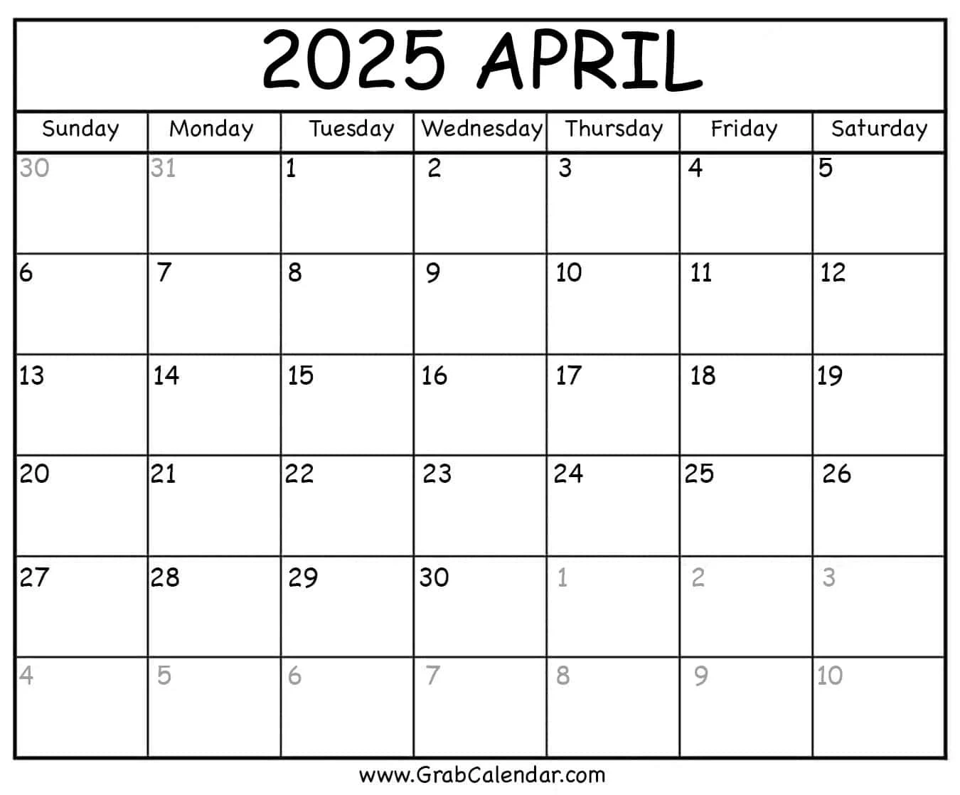 Printable April 2025 Calendar