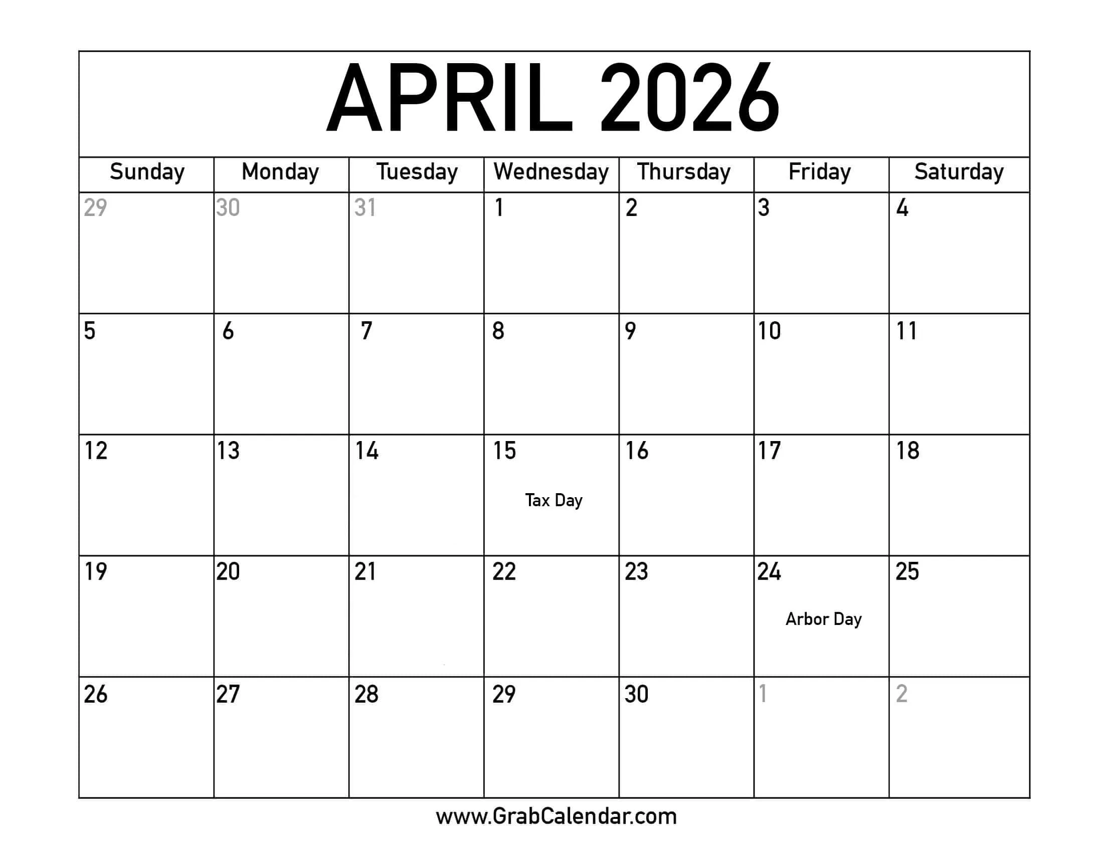 April 2026 Calendar With Holidays