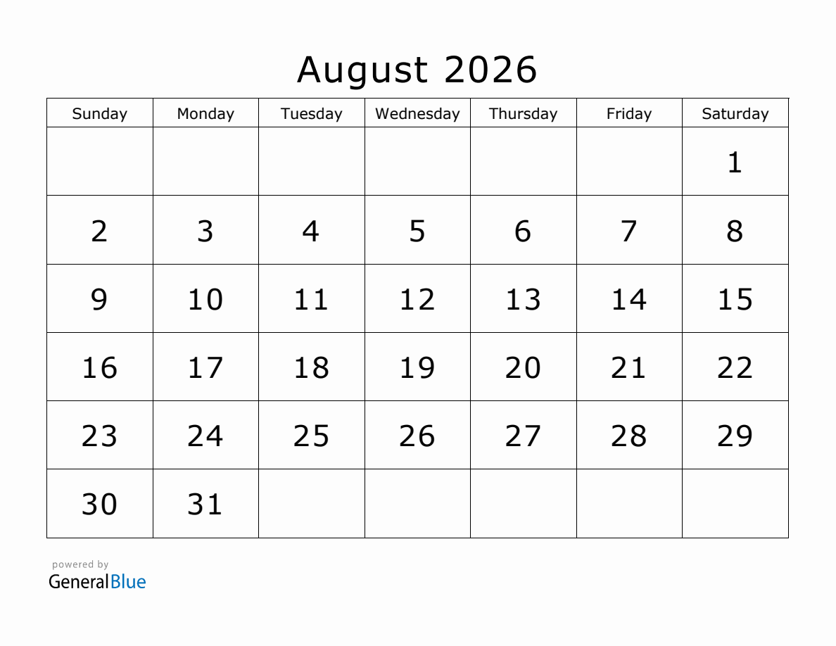 Free Printable Calendar Templates August 2026