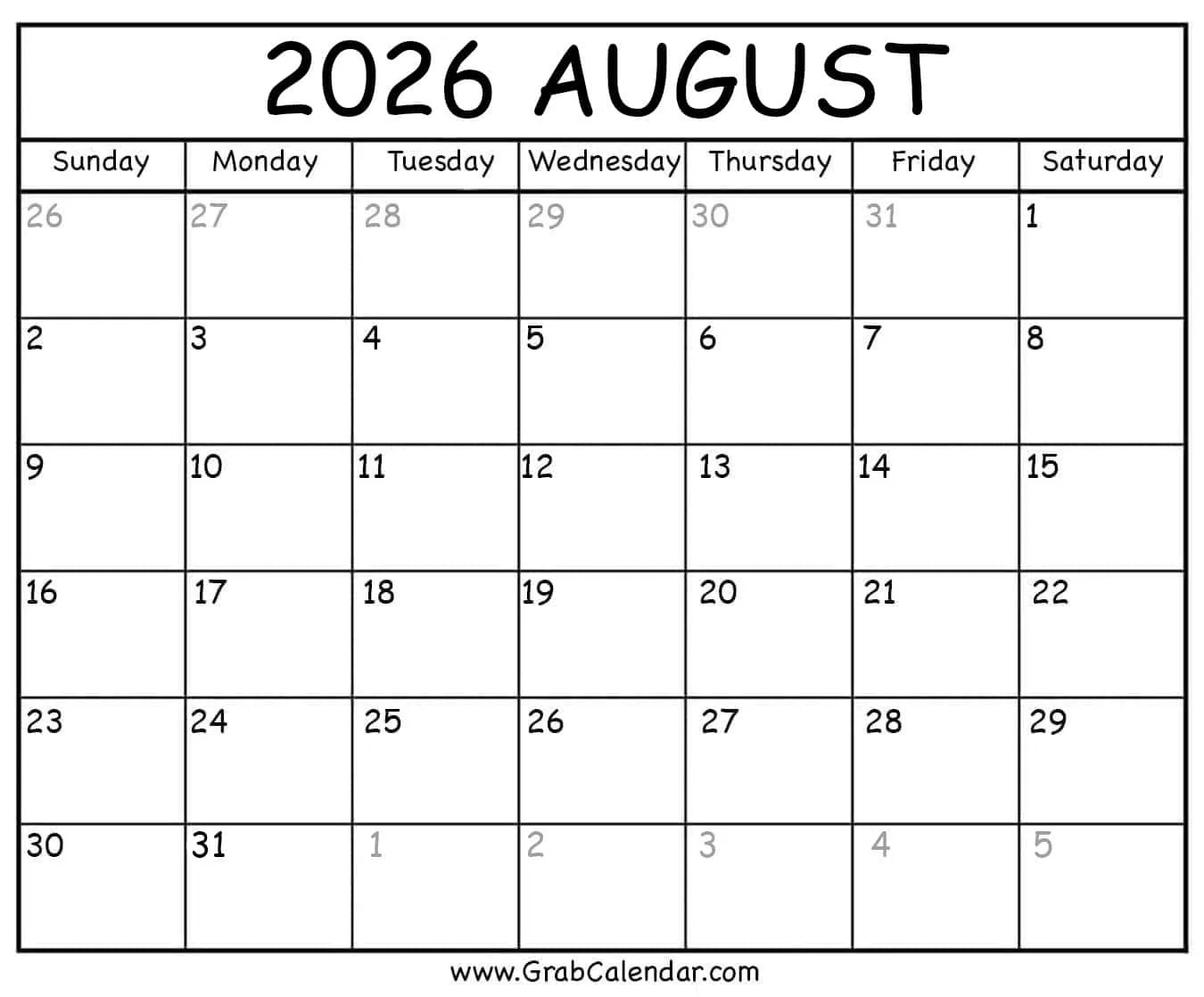 August Blank Calendar 2026 Fillable