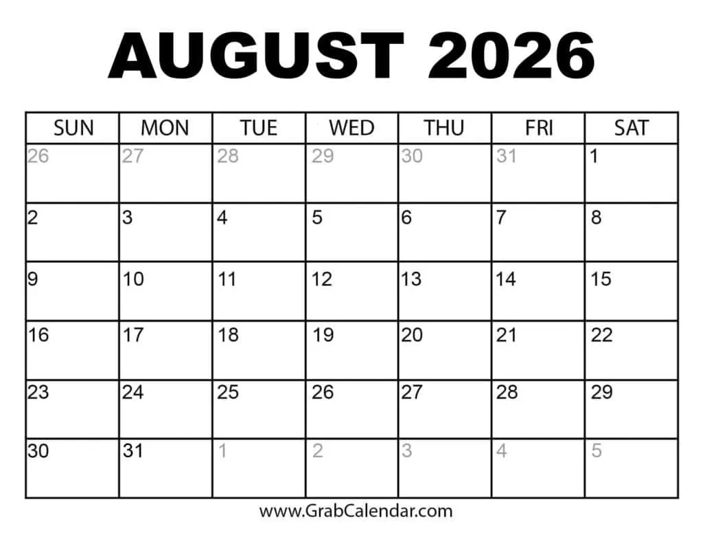 Blank Calendar August 2026 Printable