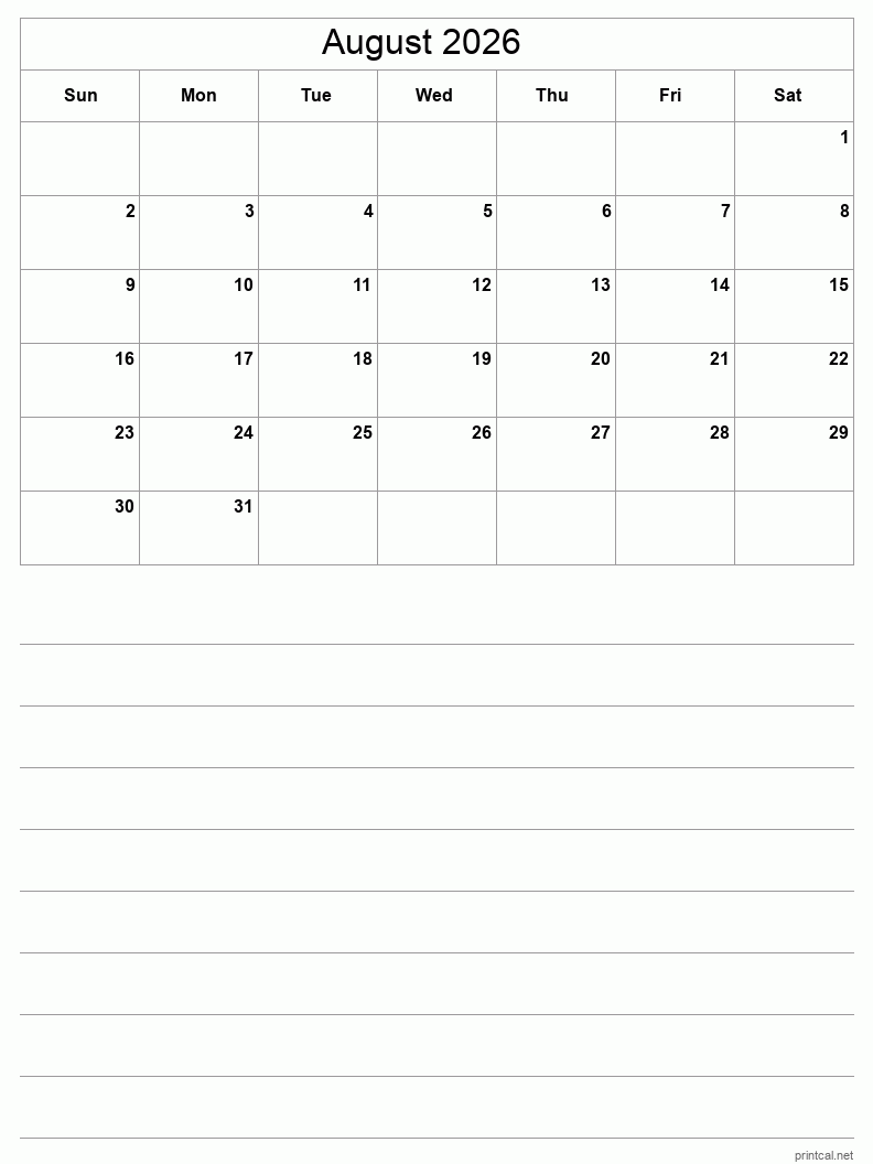 Blank Calendar Pages August 2026