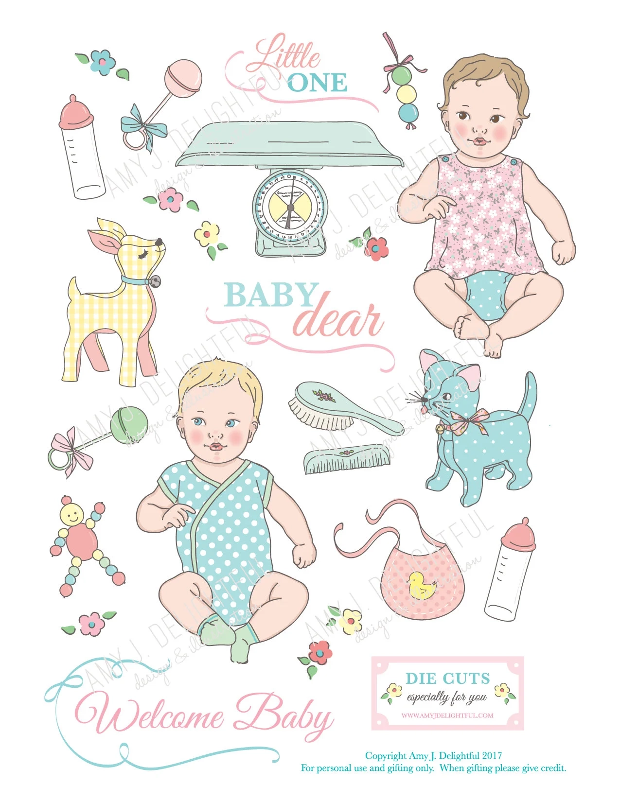 Printable BABY Die Cuts Digital File Instant Download Vintage Retro Ephemera Pastels Collage Scrapbooking Hand Drawn Illustration Etsy