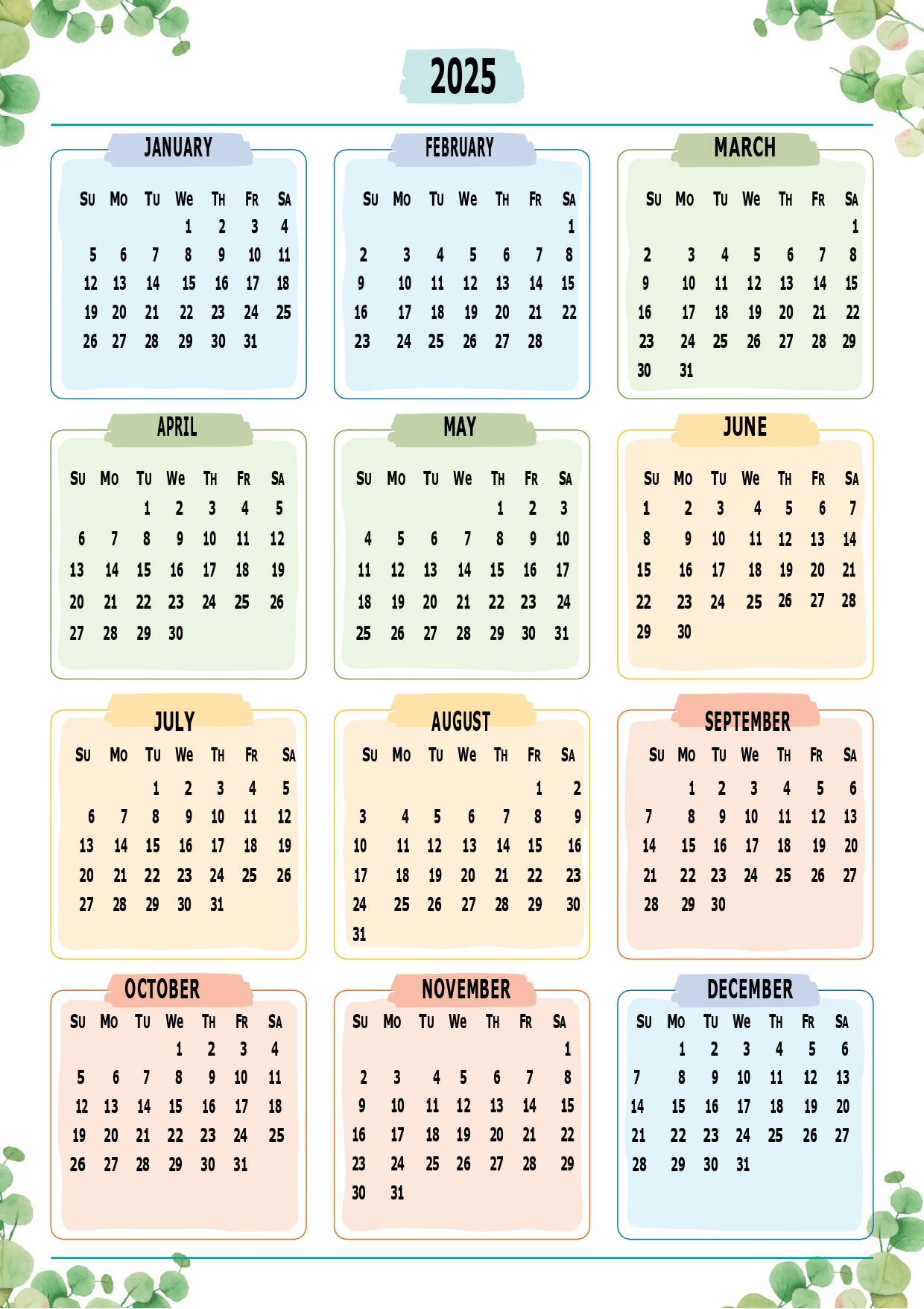 2025 Blank Year Calendar Printable Free