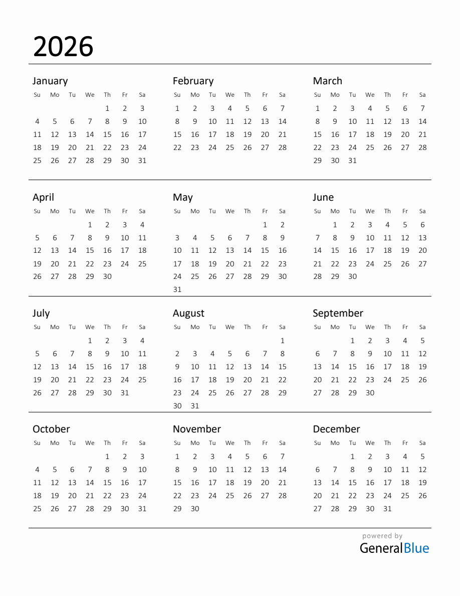 Printable Monthly Calendar 2026