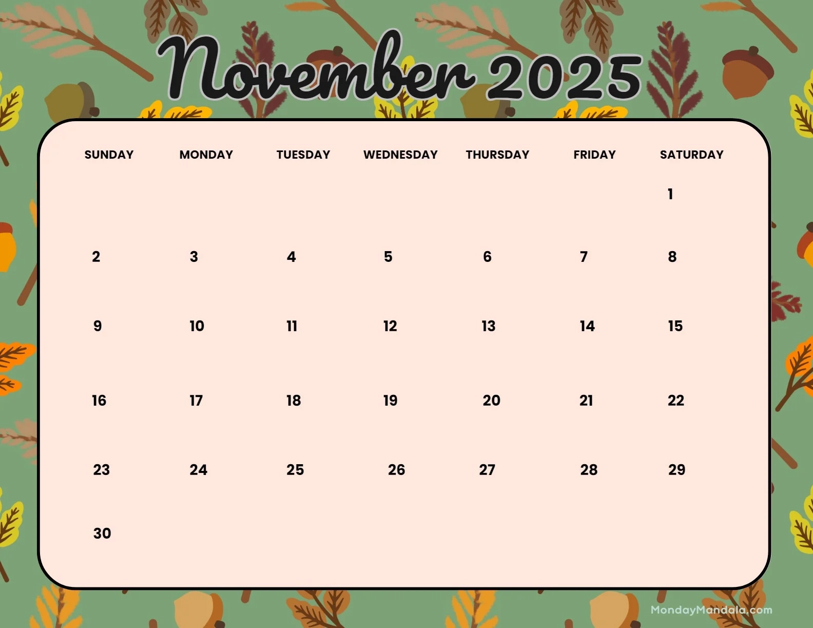 Blank Calendar Template November 2025