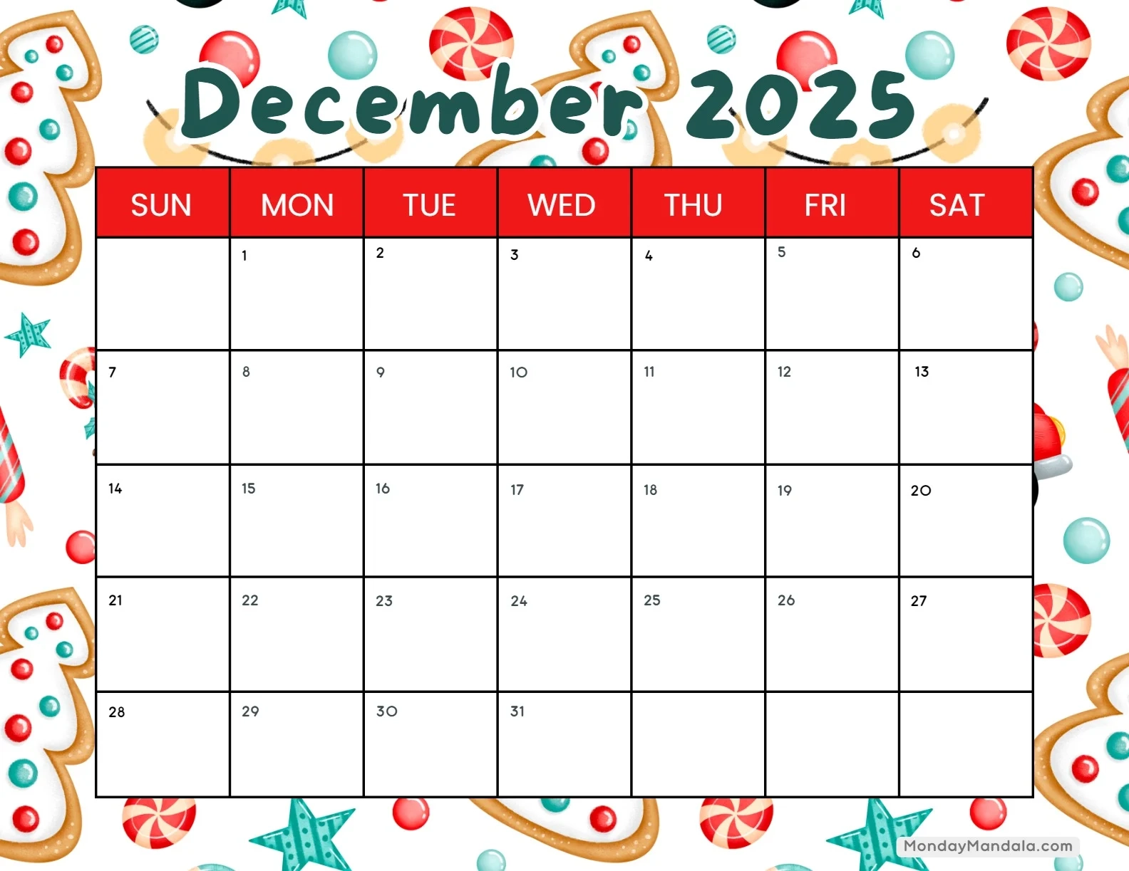 December 2025 Blank Calendar Printable