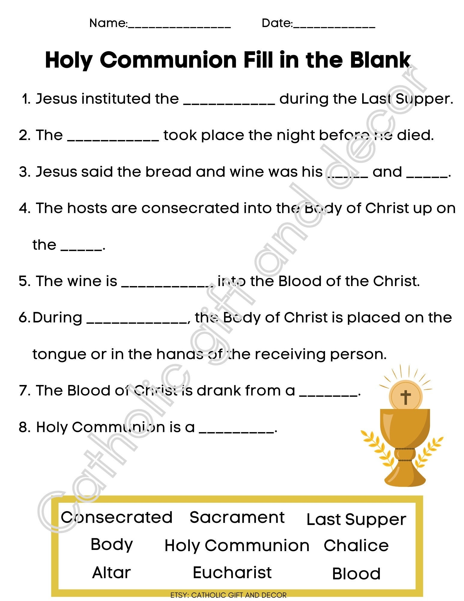 Printable Catholic First Communion Fill In The Blank 1st Communion 