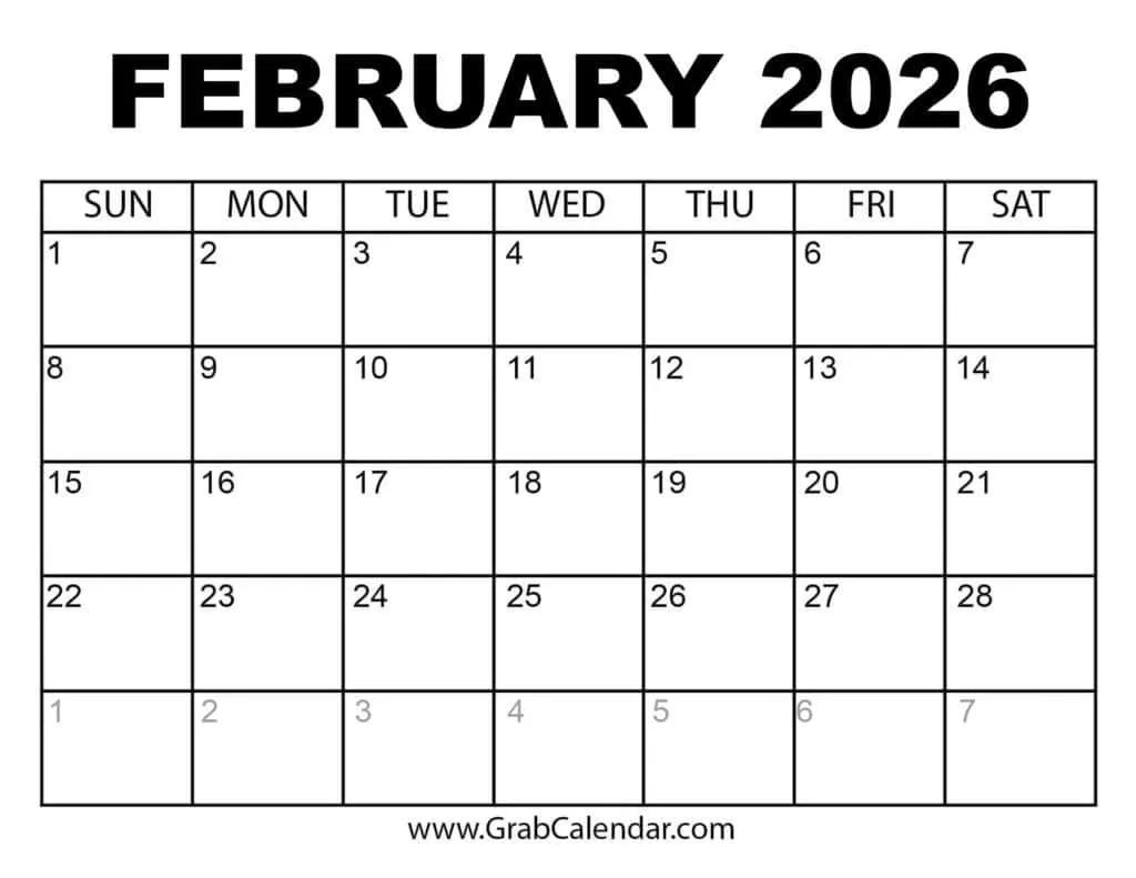 Blank February 2026 Calendar Template