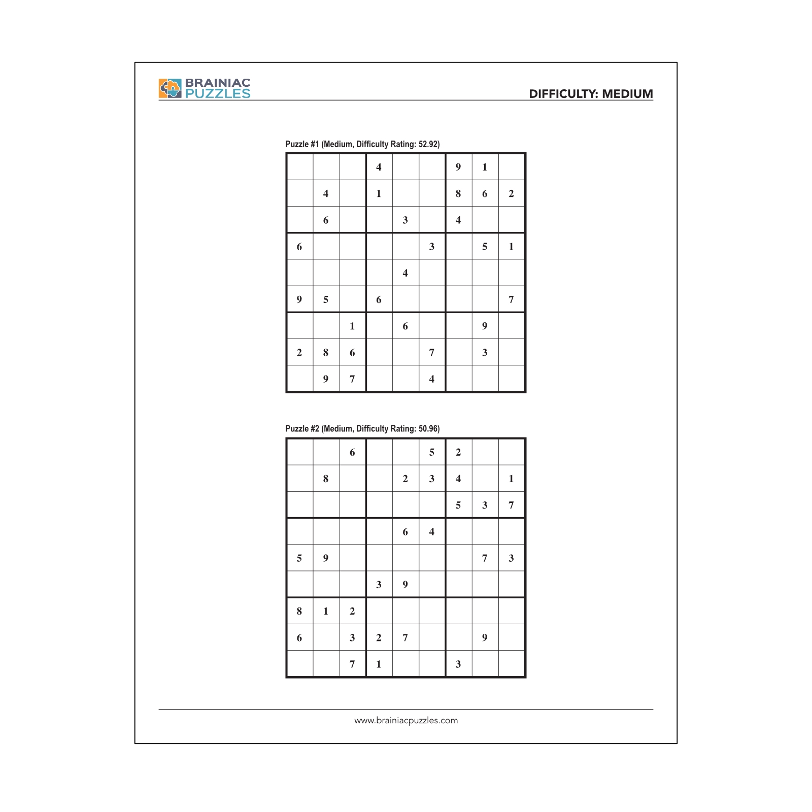 Printable Medium Sudoku Puzzles