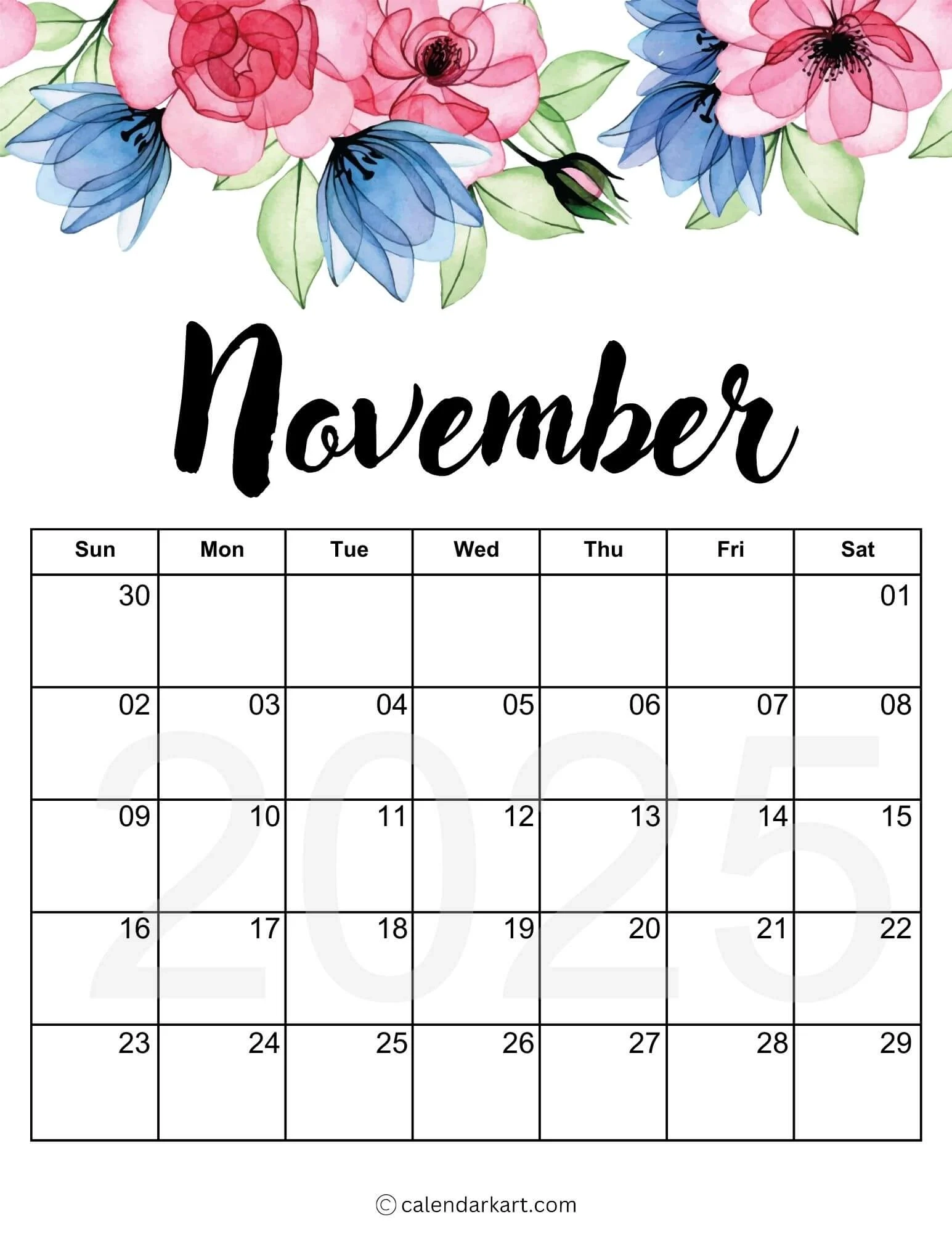 November 2025 Calendar Blank Printable