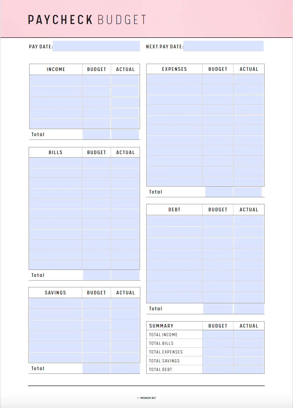 Free Printable Paycheck Budget Worksheet