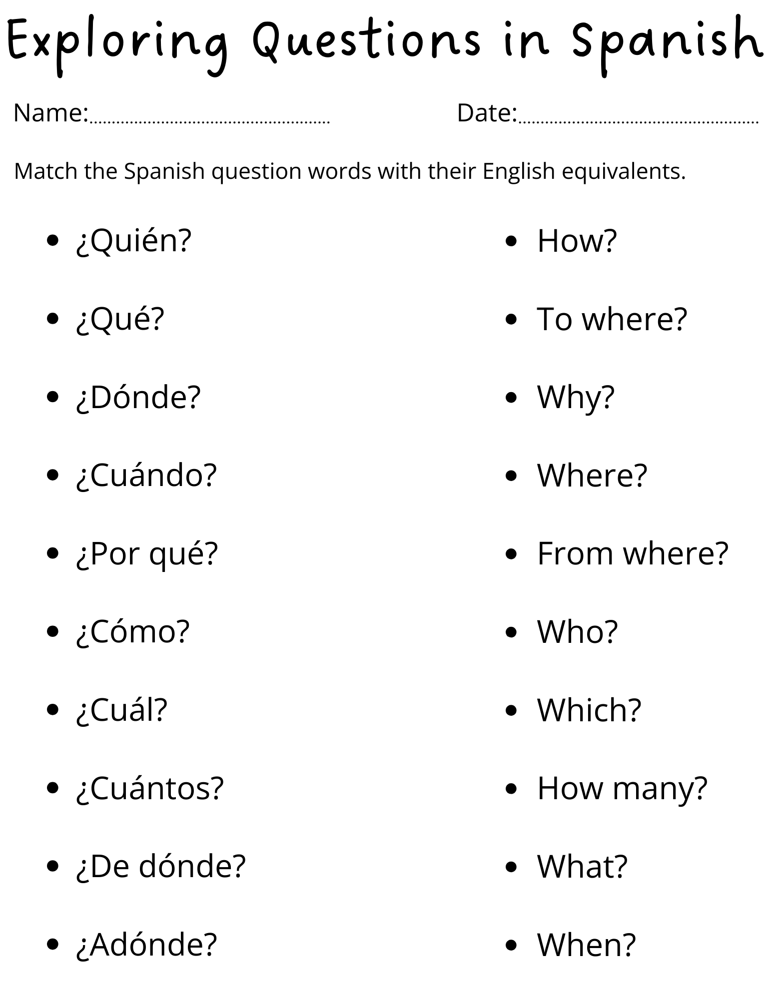 Spanish Worksheets Printable