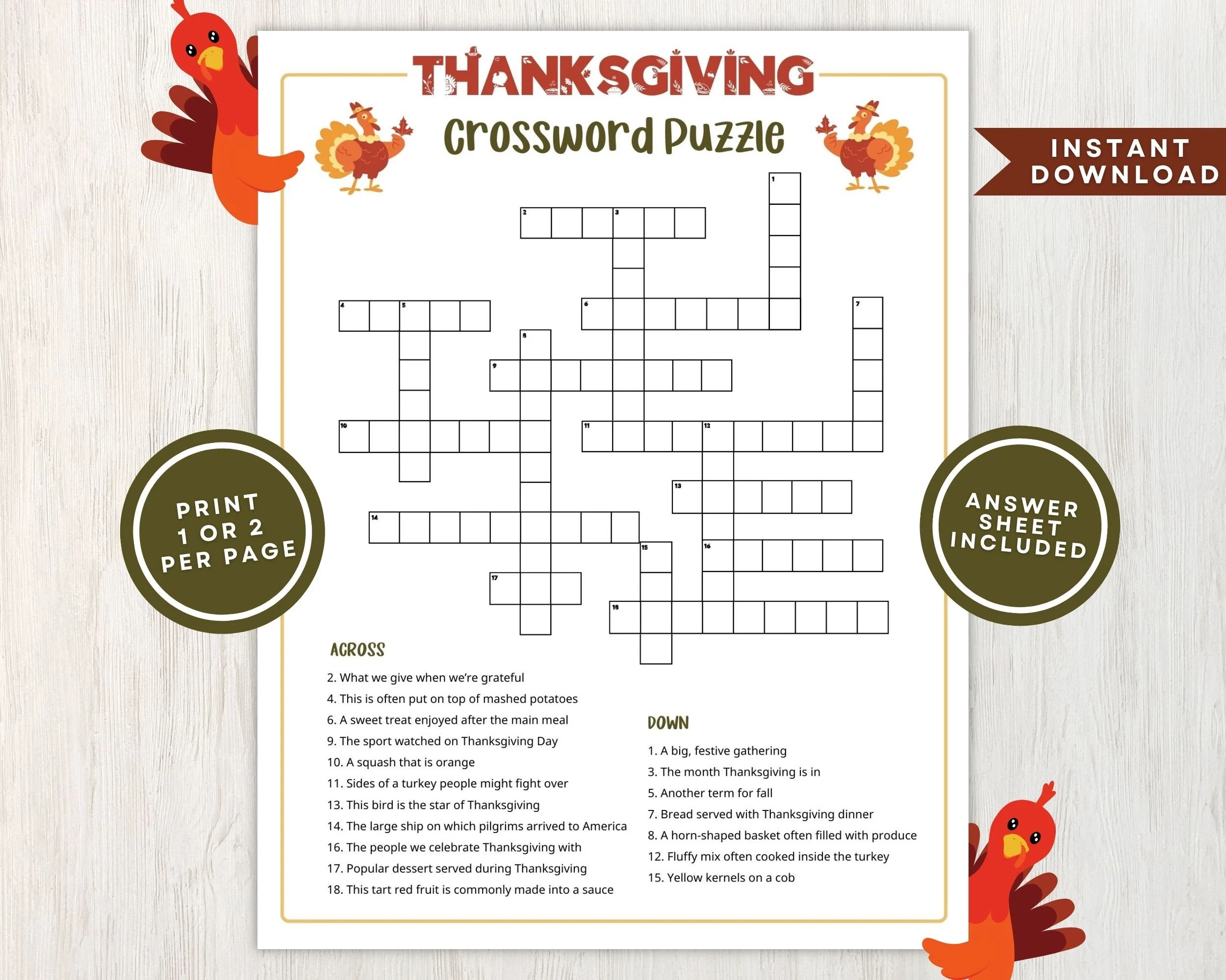 Printable Thanksgiving Crossword Puzzles