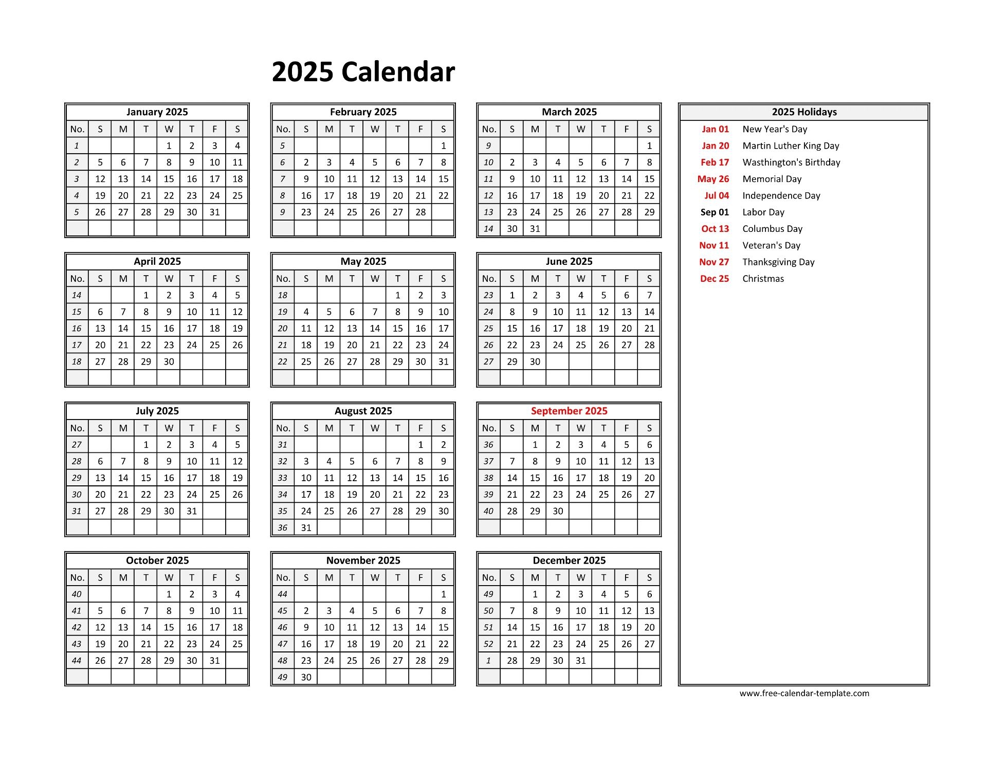 2025 Printable Year Calendar Free