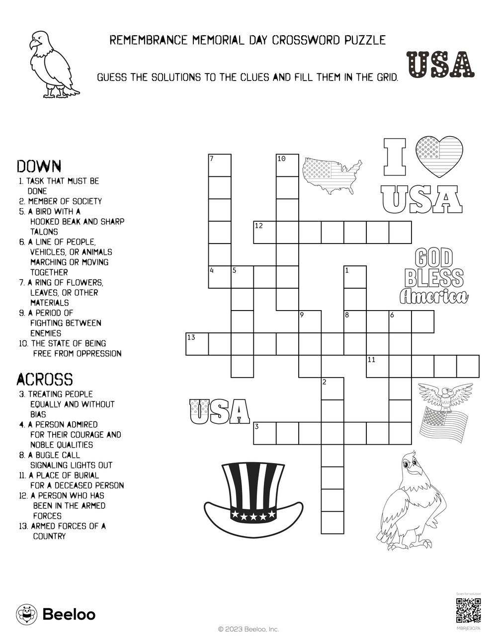 Memorial Day Crossword Puzzles Printable