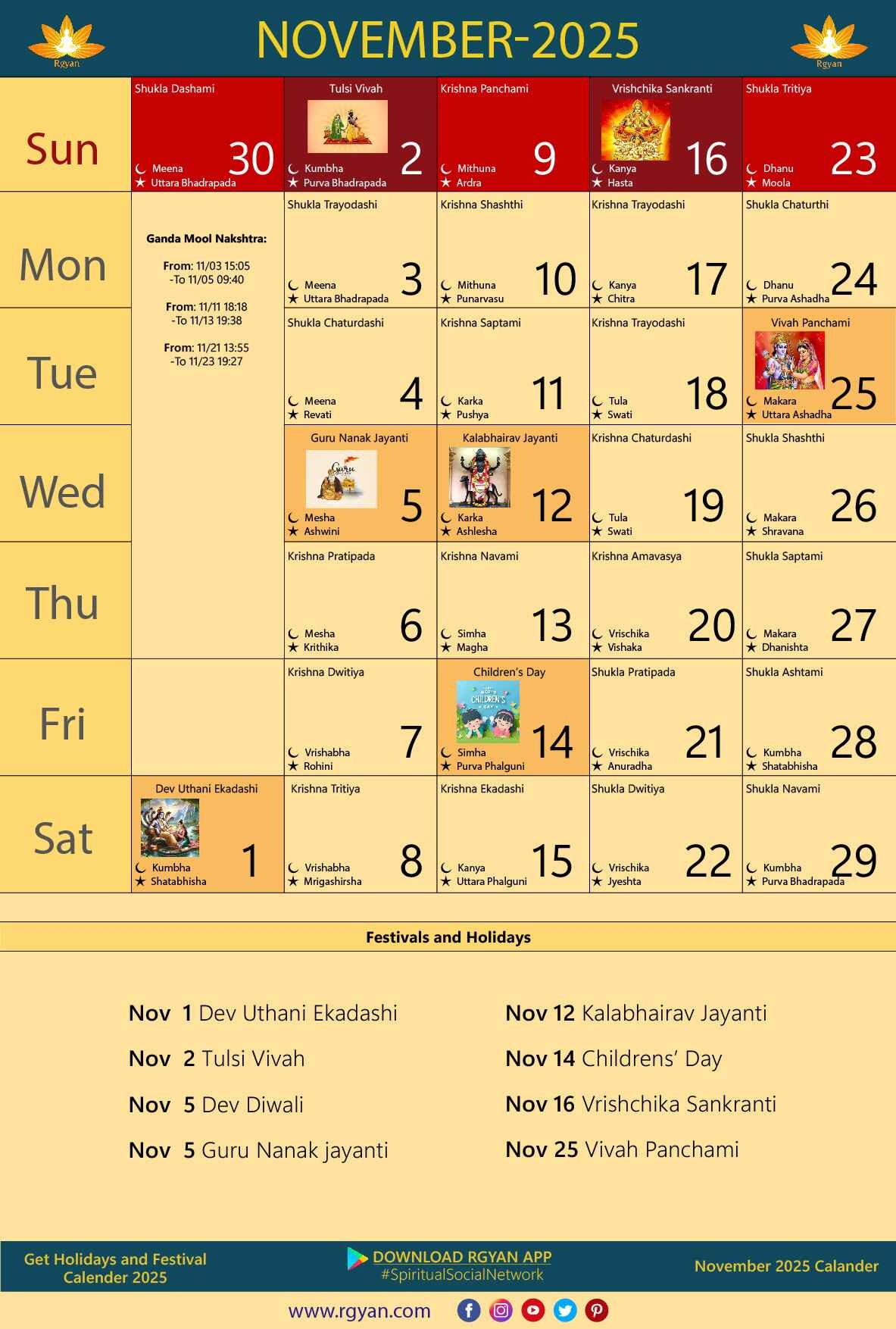 Rgyan Important Dates In November 2025 Indian Lunar Calendar Shubh Muhurats