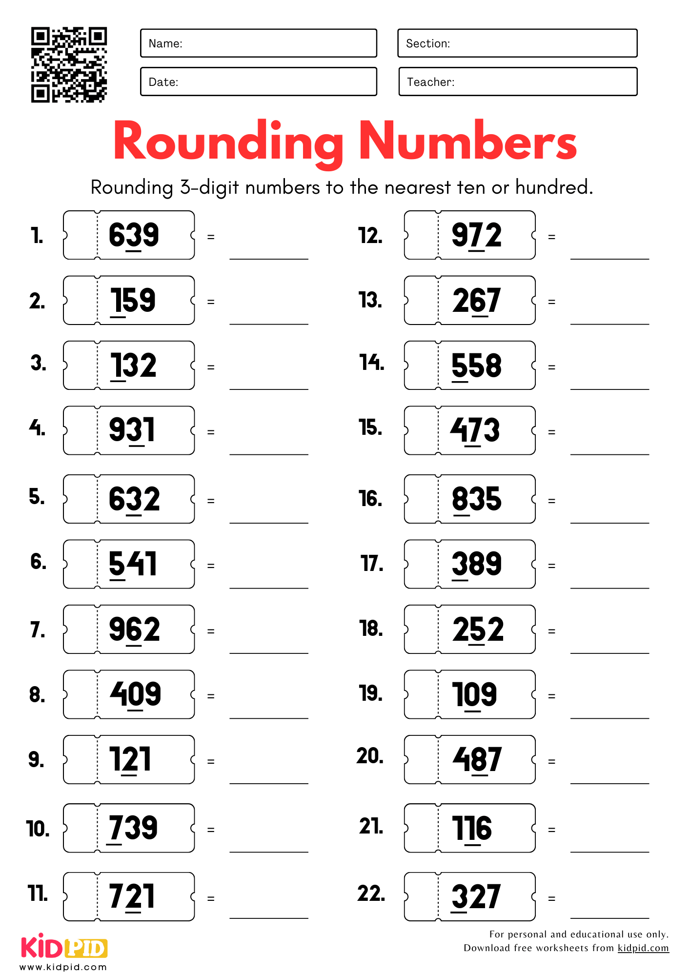 Printable Rounding Numbers Worksheets