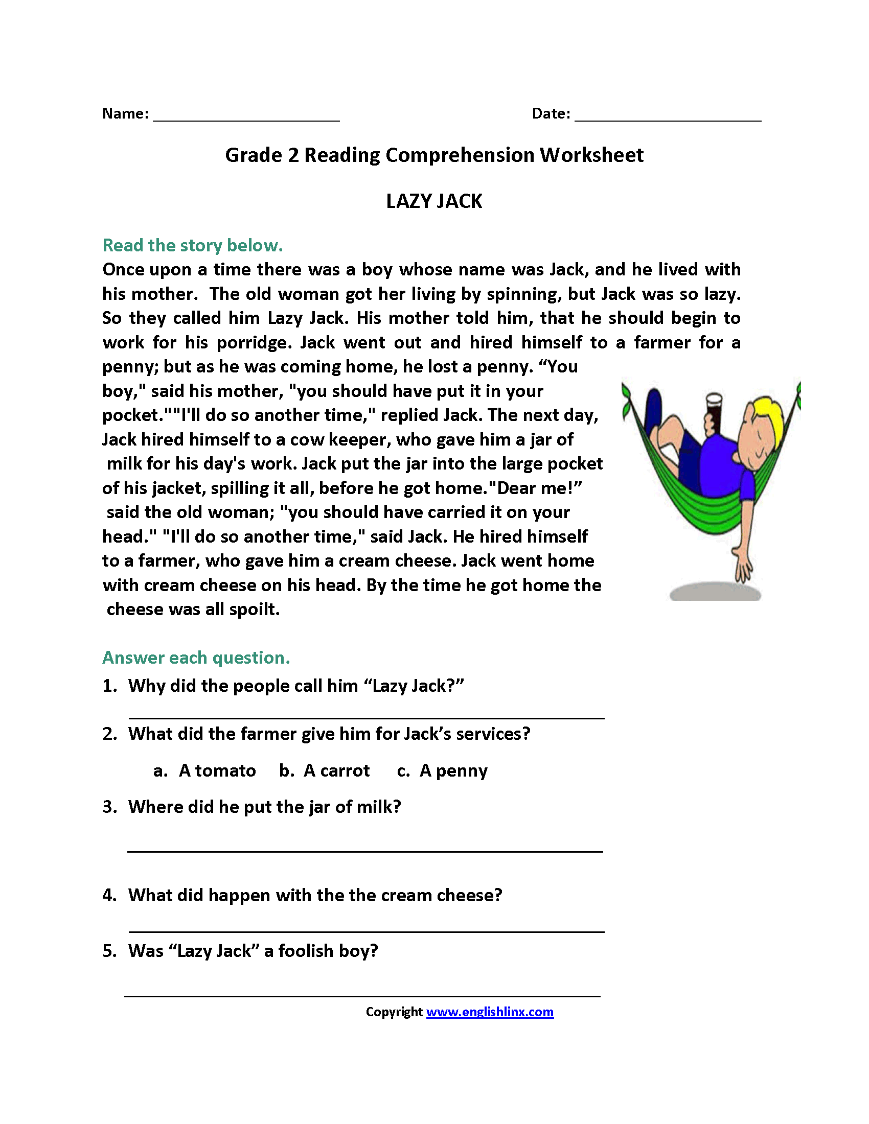 Free Printable Reading Comprehension Worksheets For 2nd Grade