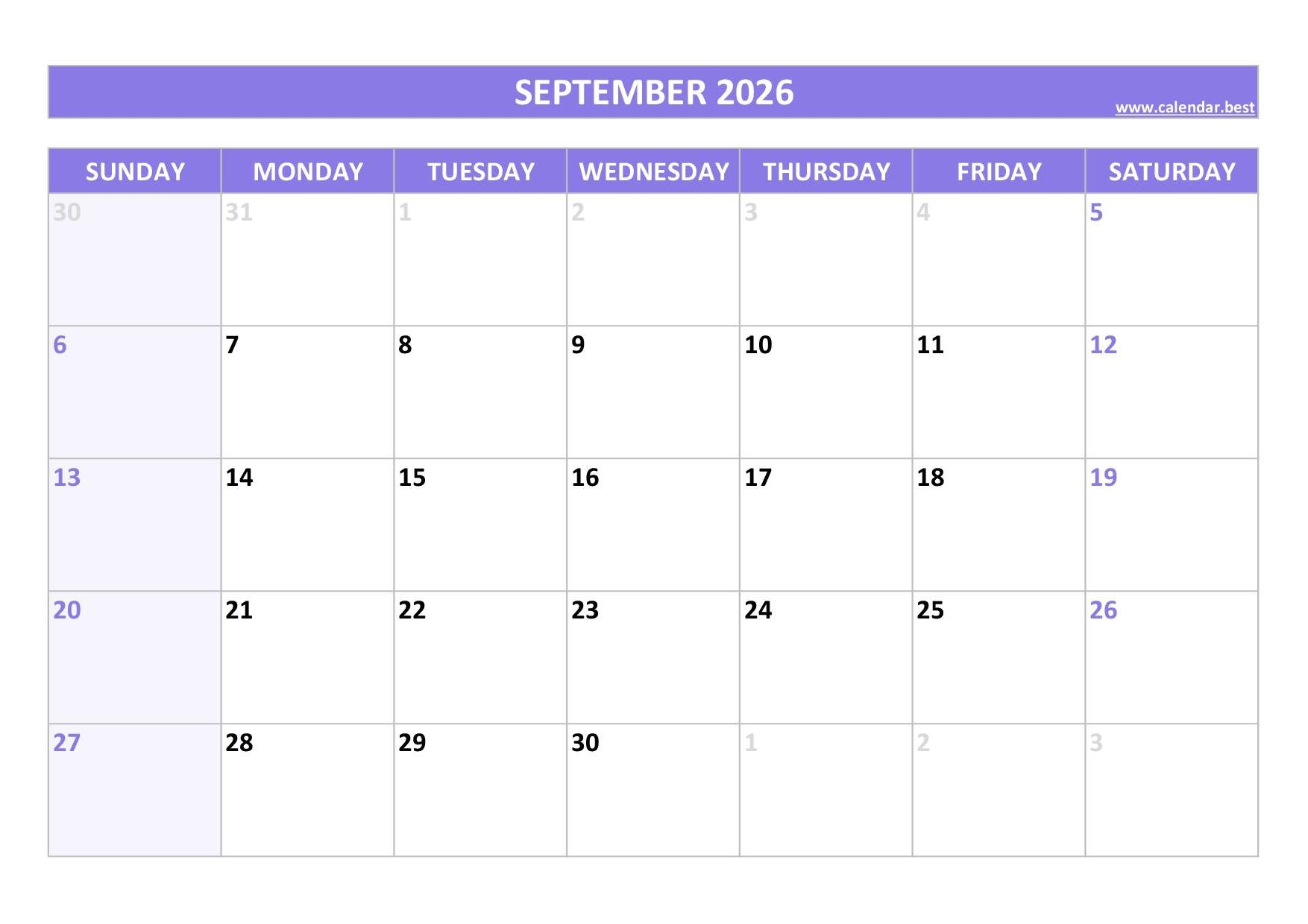 Blank September 2026 Calendar