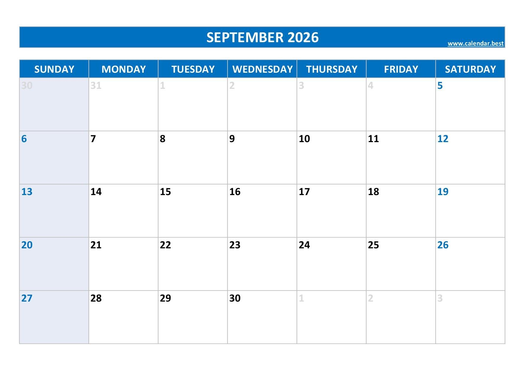 Sept Blank Calendar 2026