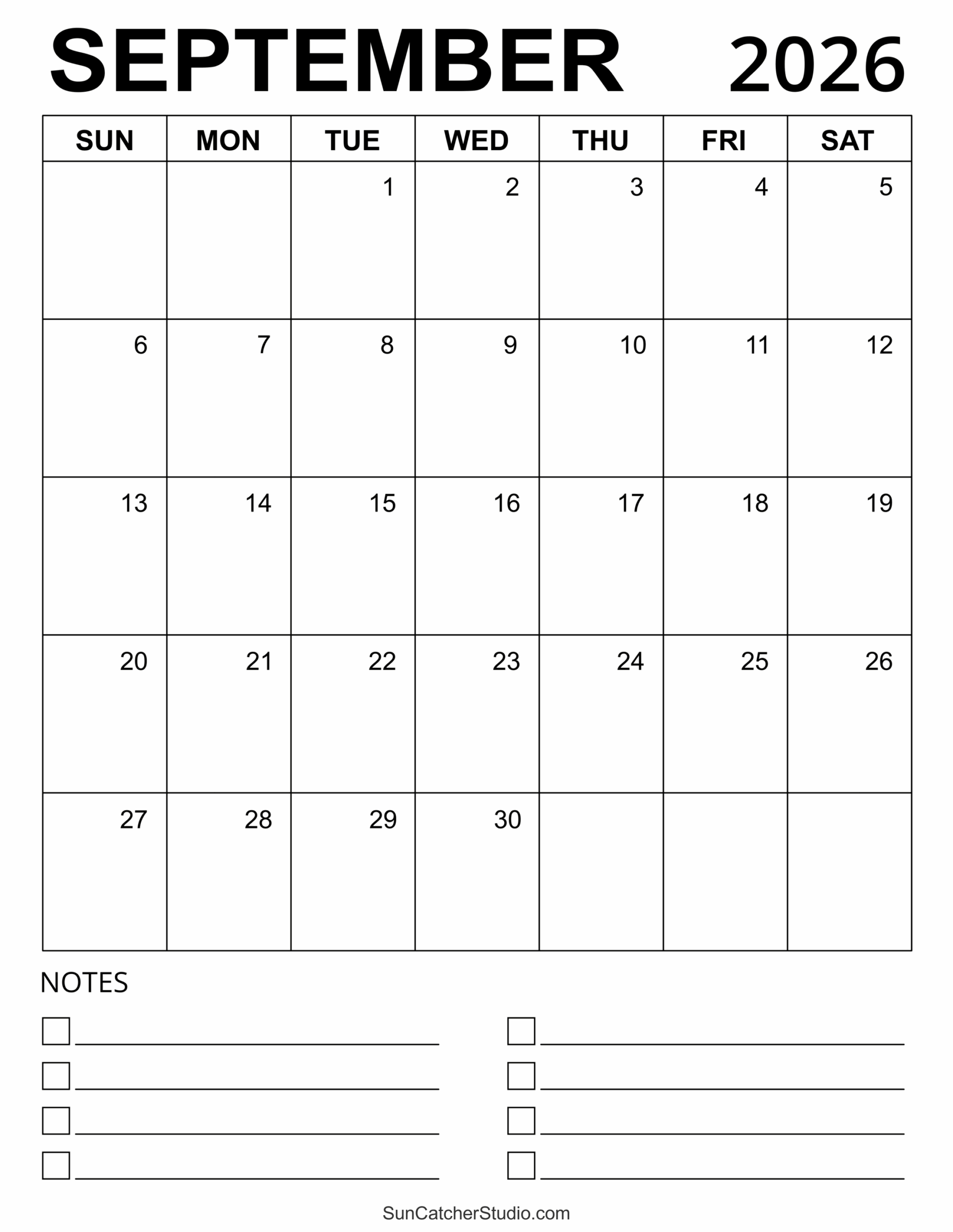 Free Printable Sept 2026 Calendar Blank