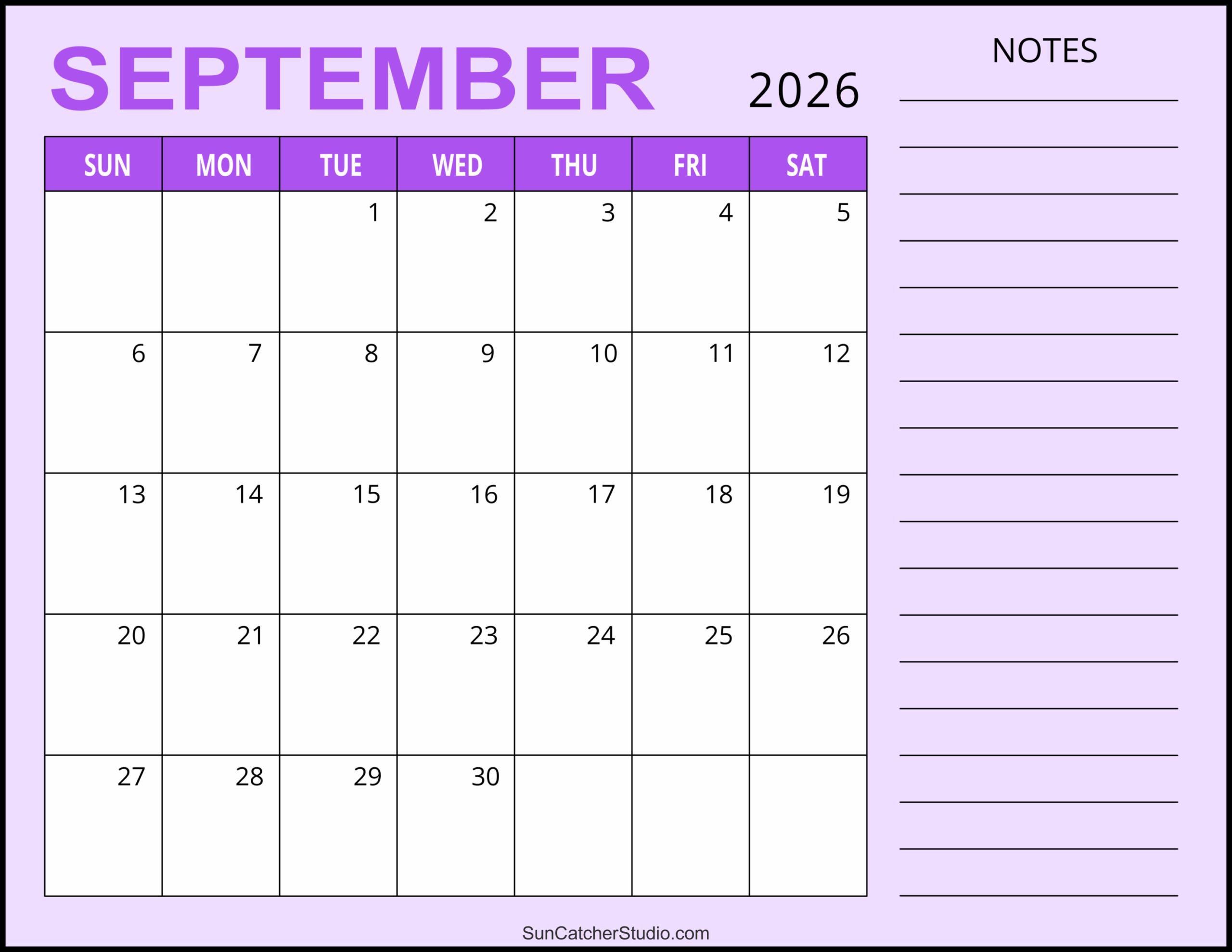 Blank September 2026 Calendar With Lines